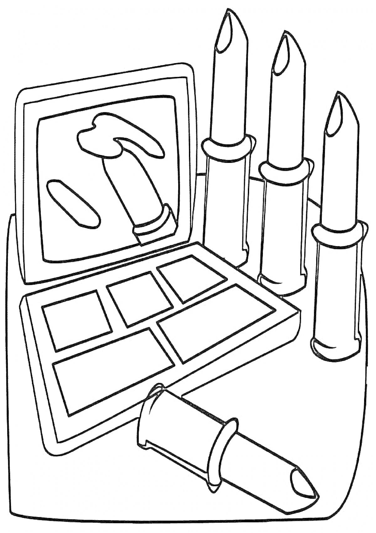 На раскраске изображено: Косметика, Для детей, Тени для век, Помады, Макияж, Зеркало