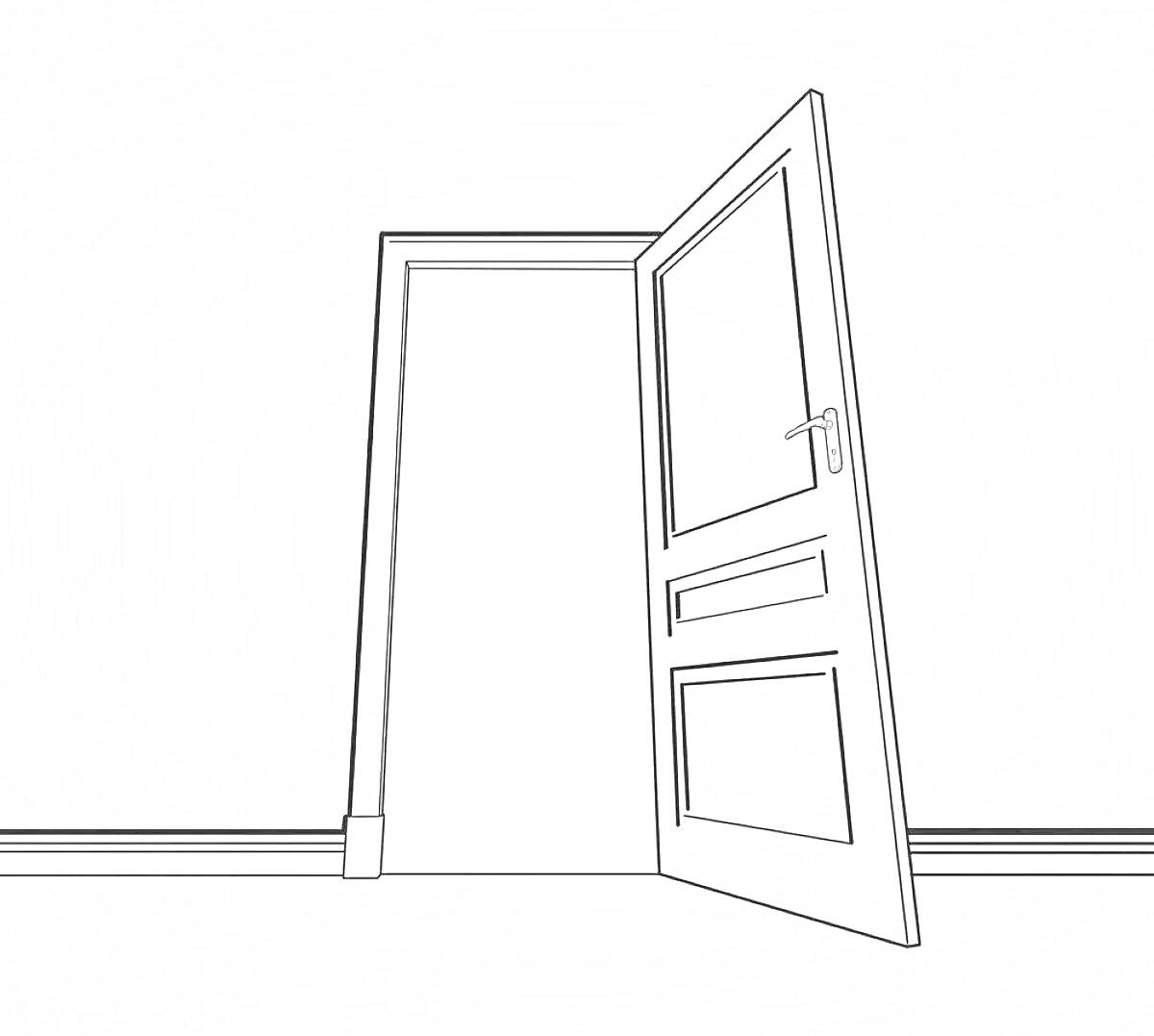 На раскраске изображено: Дверь, Открытая дверь, Интерьер, Стена, Пол, Контурные рисунки