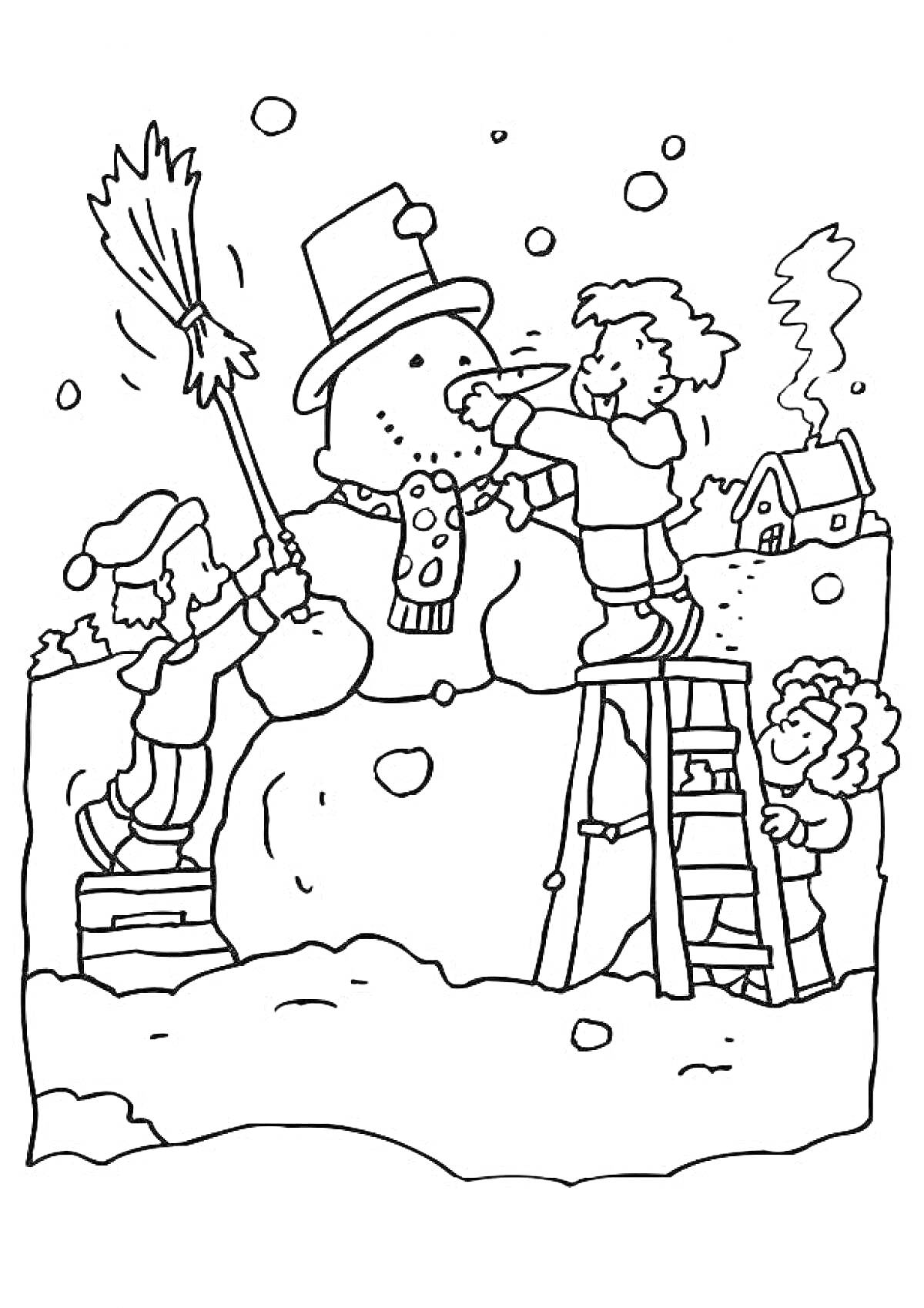 Раскраска Дети собирают снеговика около дома