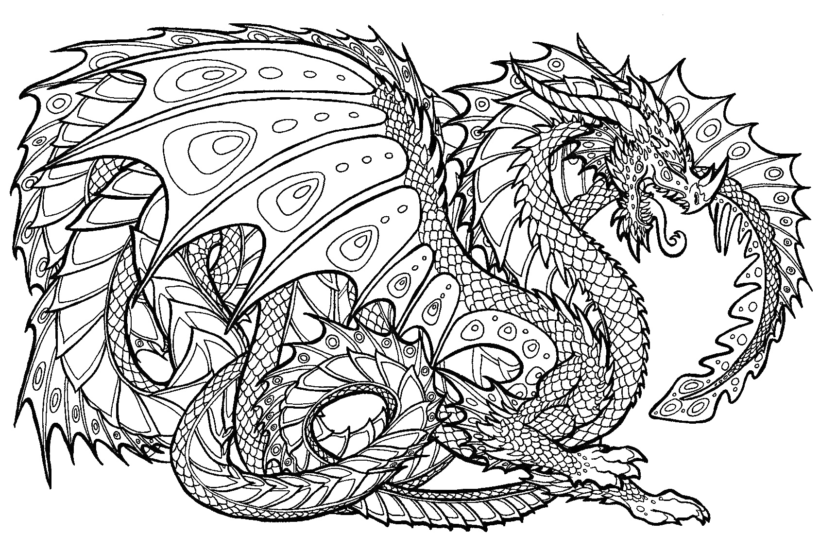 Раскраска Дракон с узорчатыми крыльями и телом