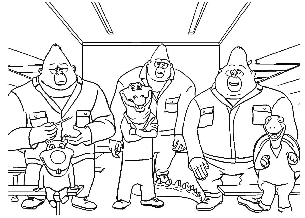 Раскраска группа персонажей мультсериала, три человека и два животных, все в униформе