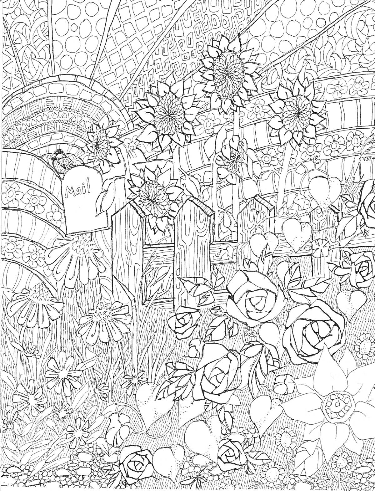 На раскраске изображено: Цветы, Подсолнухи, Розы, Забор, Почтовый ящик, Сад, Природа, Листья, Трава, Цветочный узор