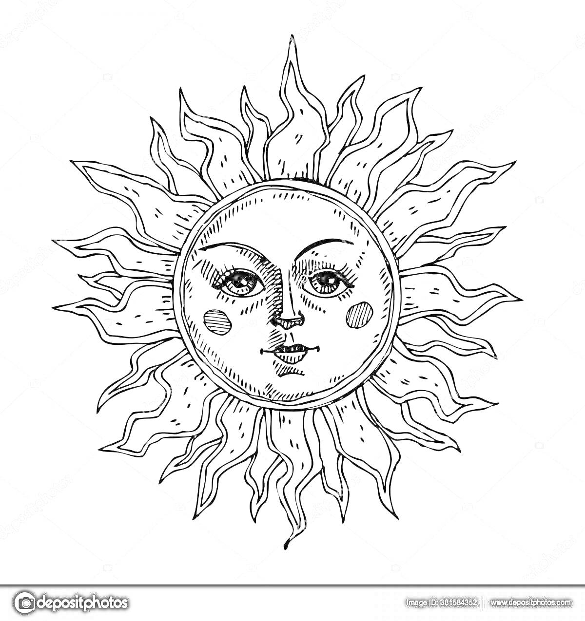 На раскраске изображено: Солнце, Лицо, Лучи, Бог, Мифические существа