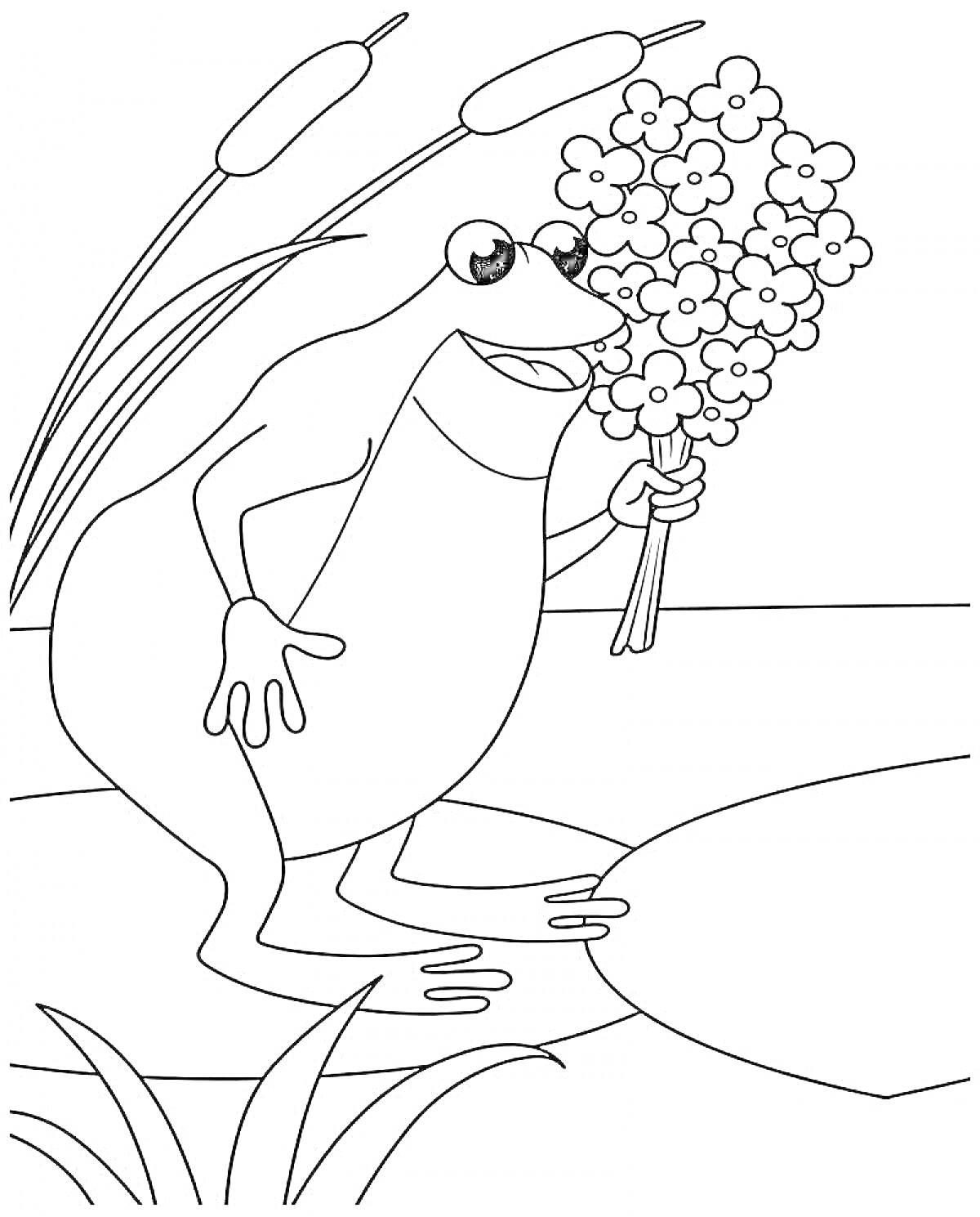На раскраске изображено: Дюймовочка, Цветы, Озеро, Камыши, Для детей
