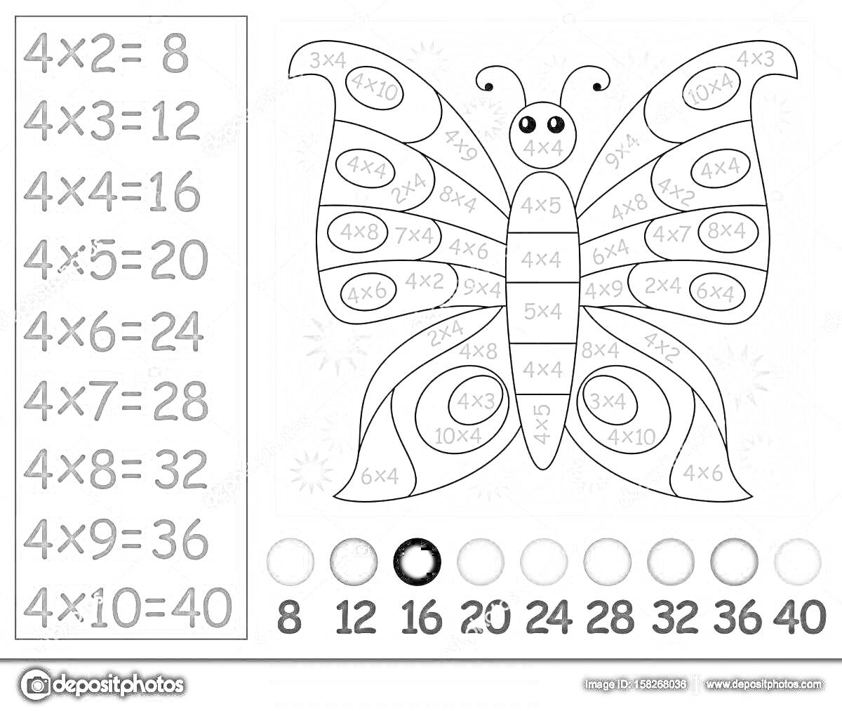 На раскраске изображено: Таблица умножения, Бабочка, Математика, Учеба, Обучение, Умножение