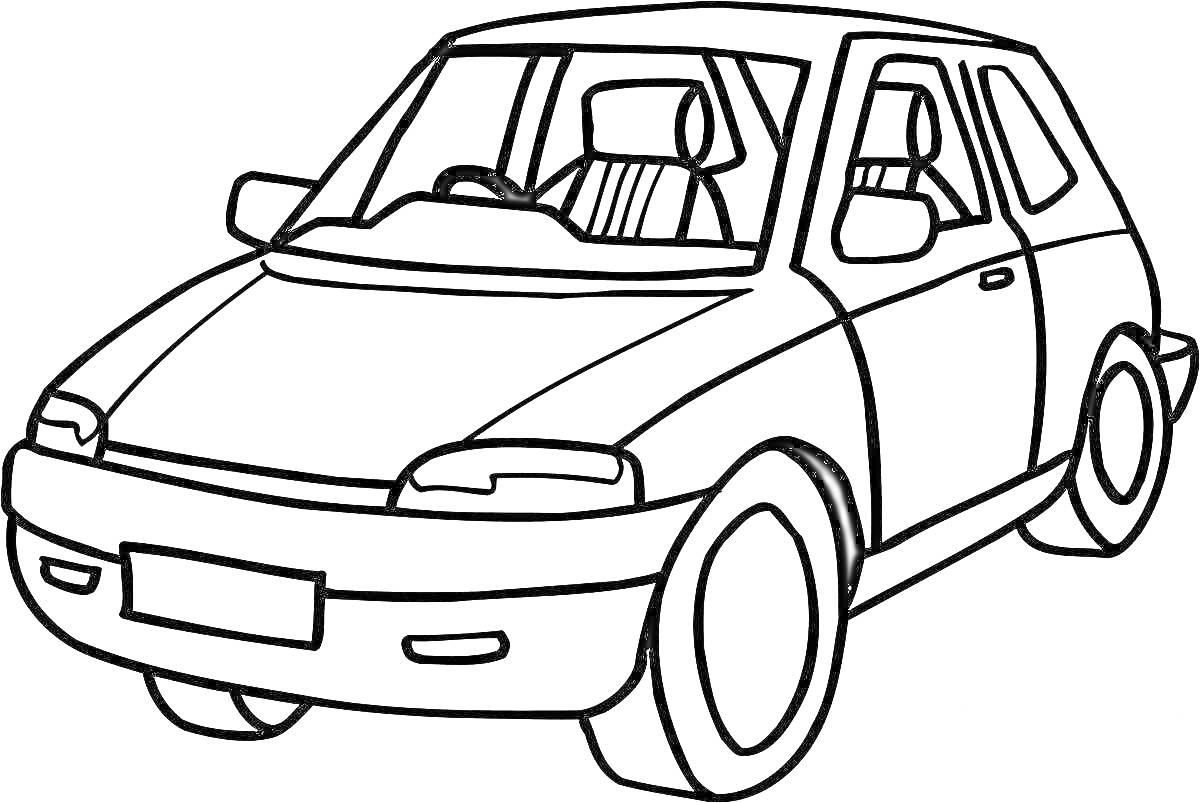 Раскраска Легковой автомобиль с четырьмя дверями и рулём