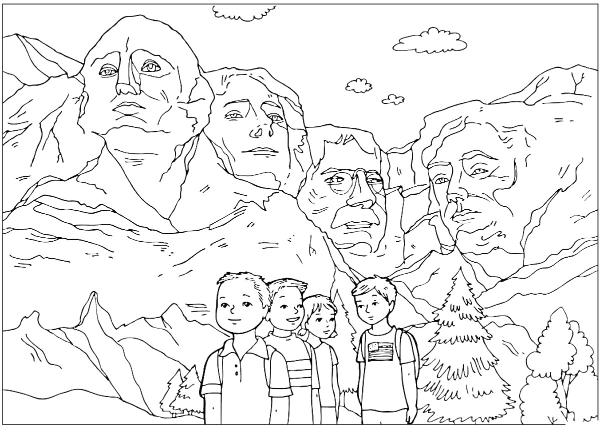 Раскраска Гора Рашмор с детьми на переднем плане