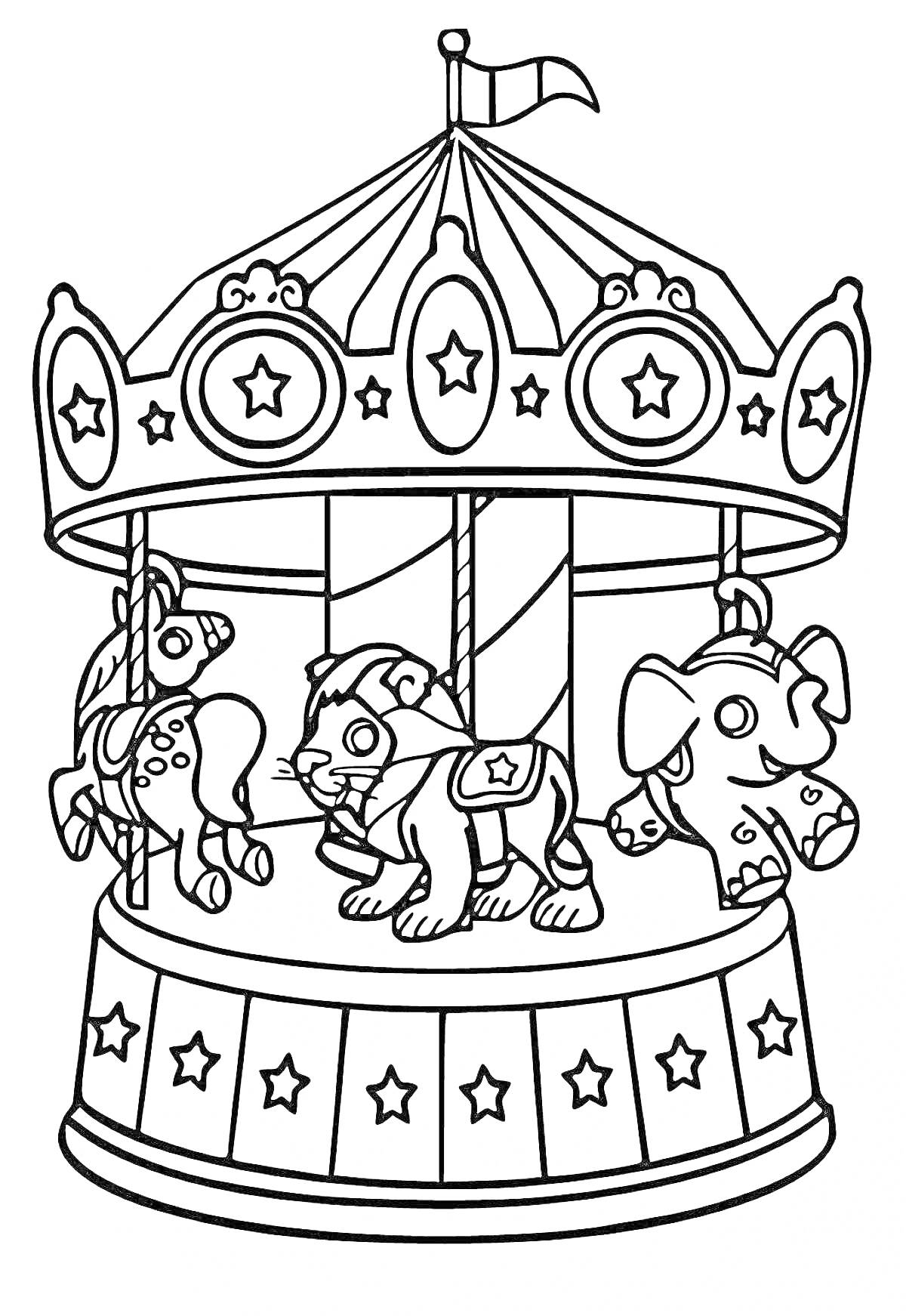 На раскраске изображено: Карусель, Парк развлечений, Аттракцион, Лошадь, Лев, Слон, Звезды, Забавы