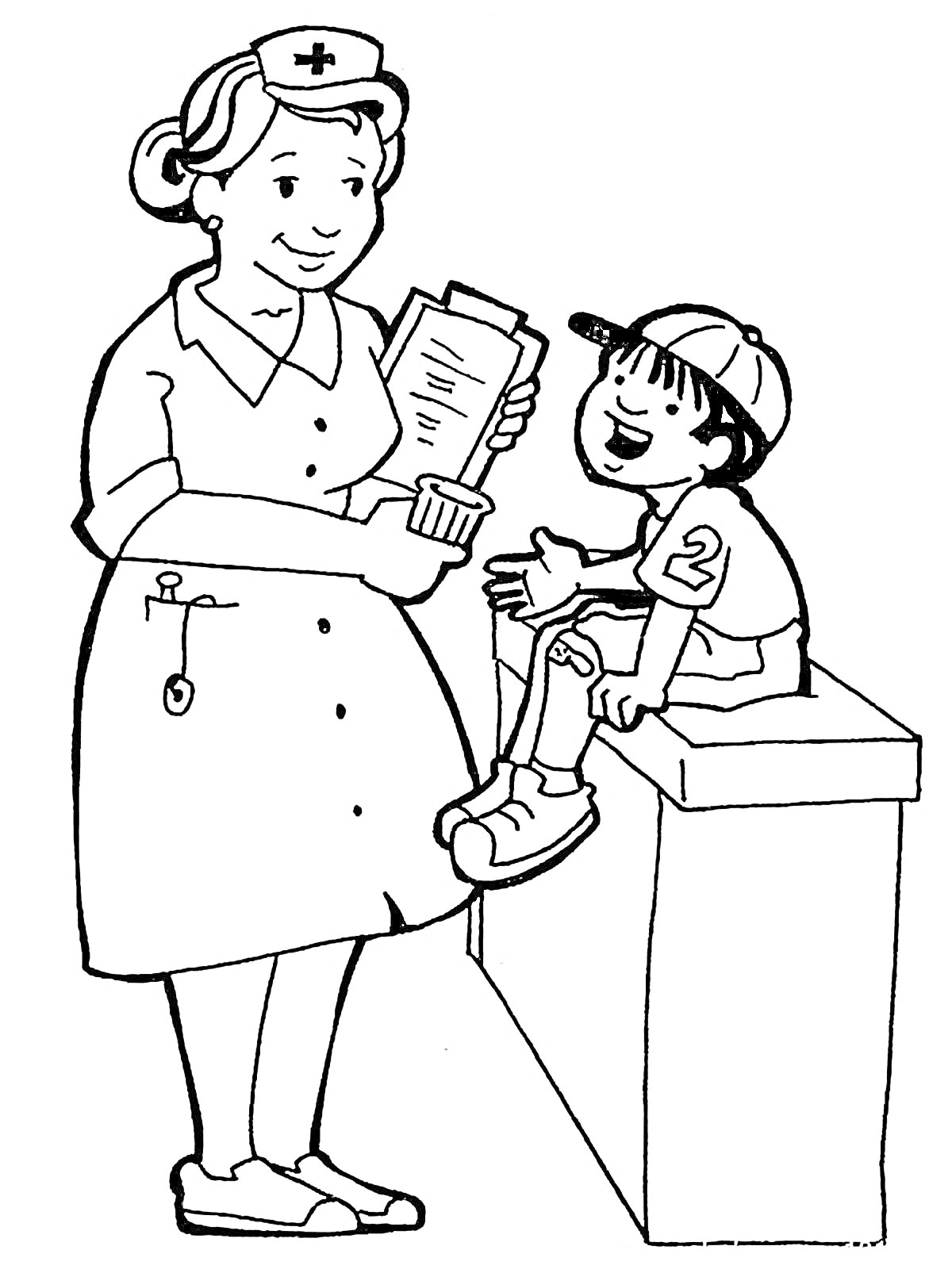 Раскраска Медсестра с бумагами и ребёнок в бейсболке с перебинтованной ногой