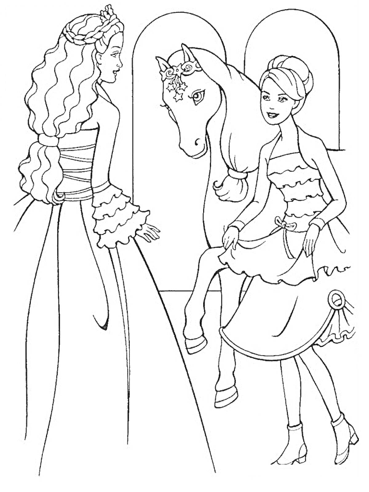 На раскраске изображено: Барби, Принцесса, Лошадь, Из мультфильмов, Корона, Платье, Длинные волосы, Короткие волосы, Для детей, Окна, Кукла