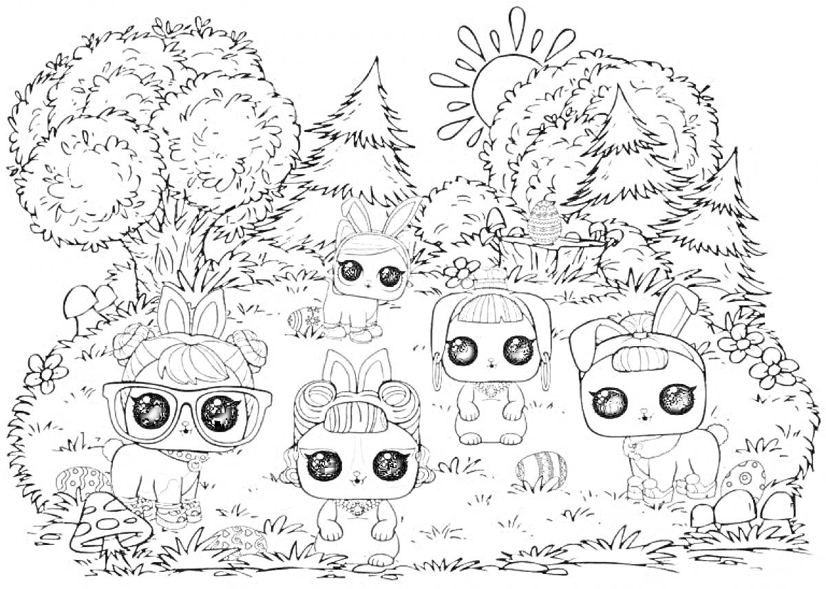 На раскраске изображено: Лес, Новый год, Елки, Солнце, Сани, Пасхальные яйца, Природа, Для детей, Кукла, Кот, Инди кид