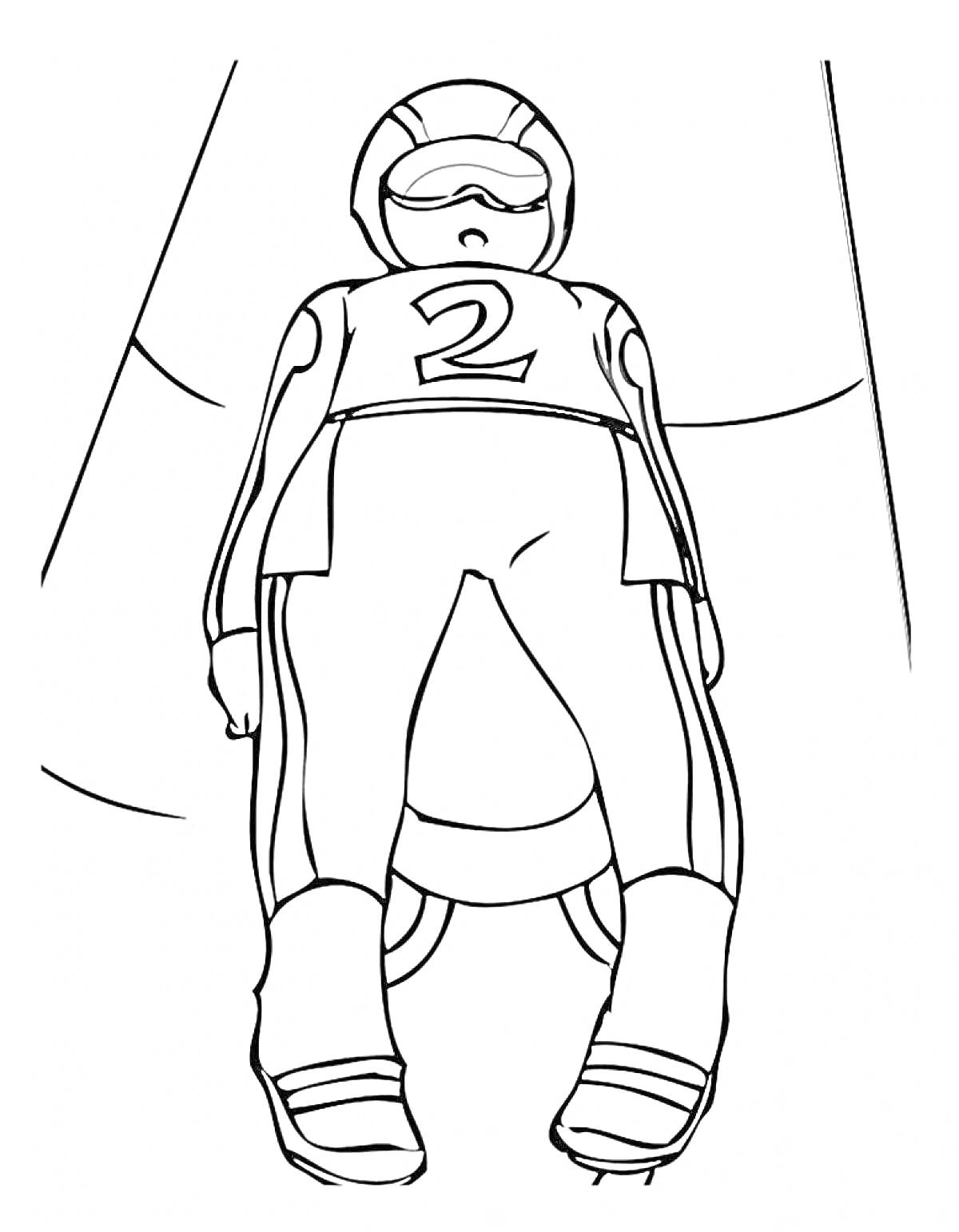 Раскраска Спортсмен на санном спорте, лежащий на санях, с номером 2, в защитном шлеме и спортивном костюме