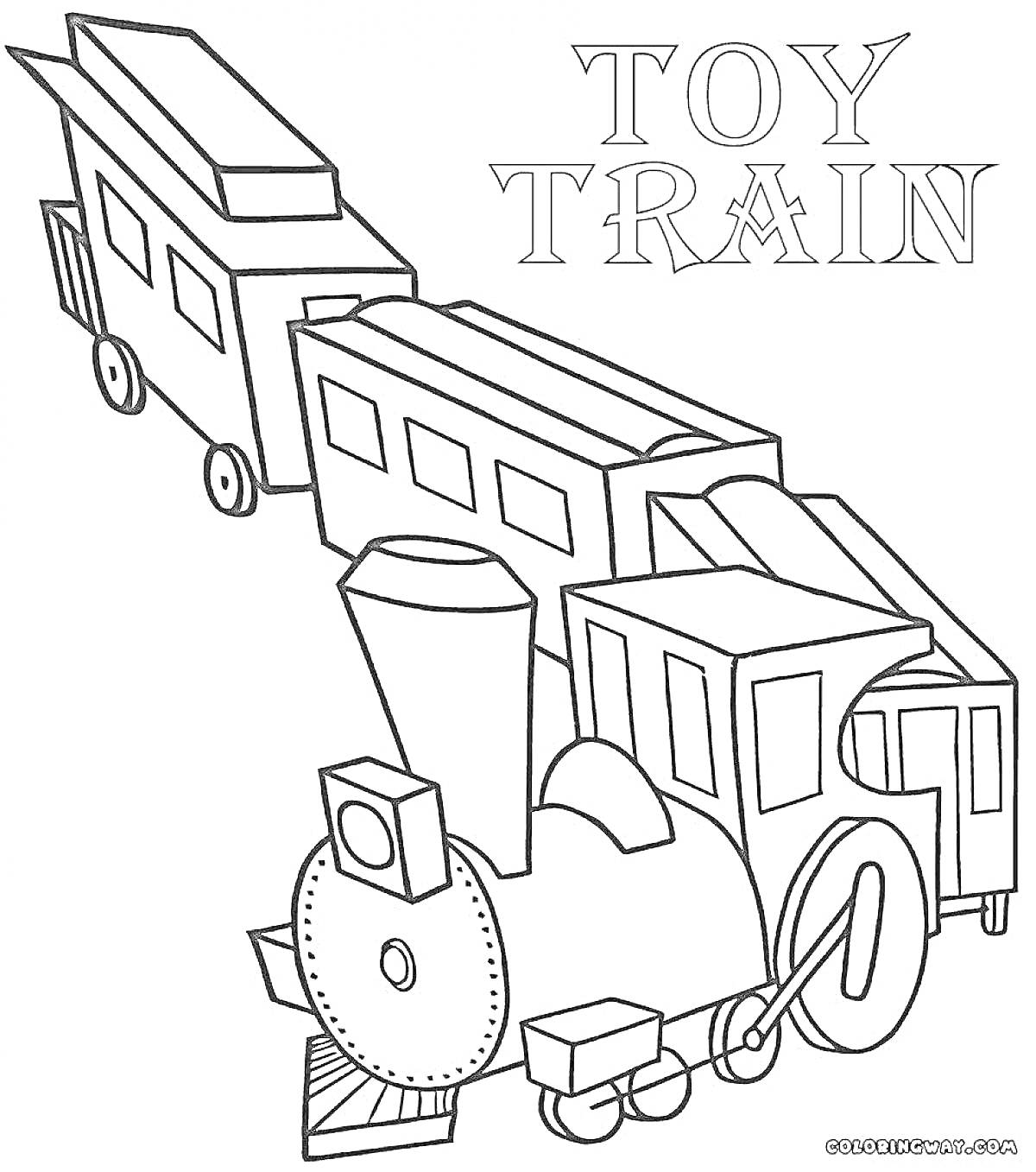 На раскраске изображено: Лего, Поезд, Игрушечный поезд, Вагоны, Колёса, Паровоз