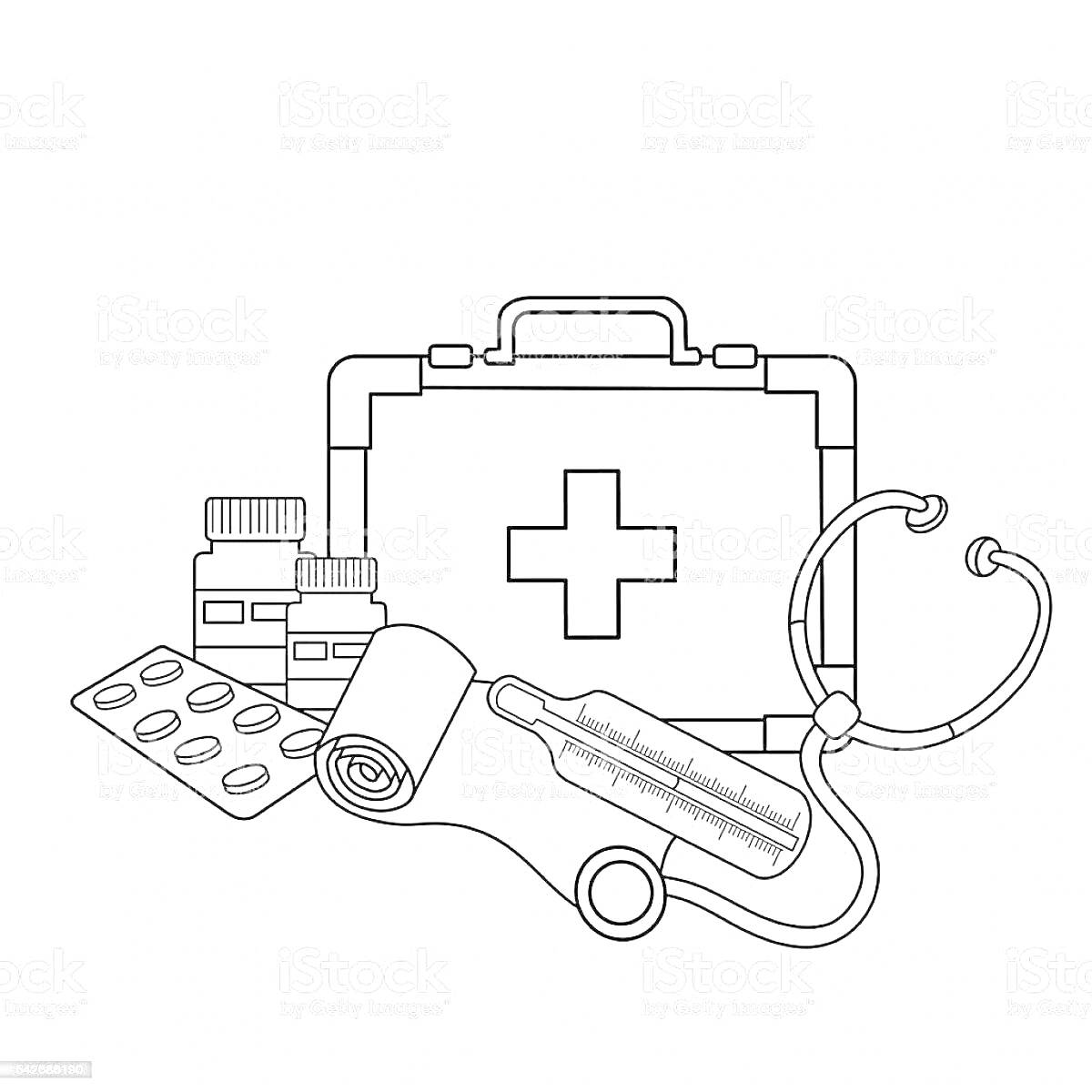 Раскраска Аптечка и медицинские приборы (аптечка с крестом, таблетки, бутылочки с лекарствами, бинт, термометр, стетоскоп)