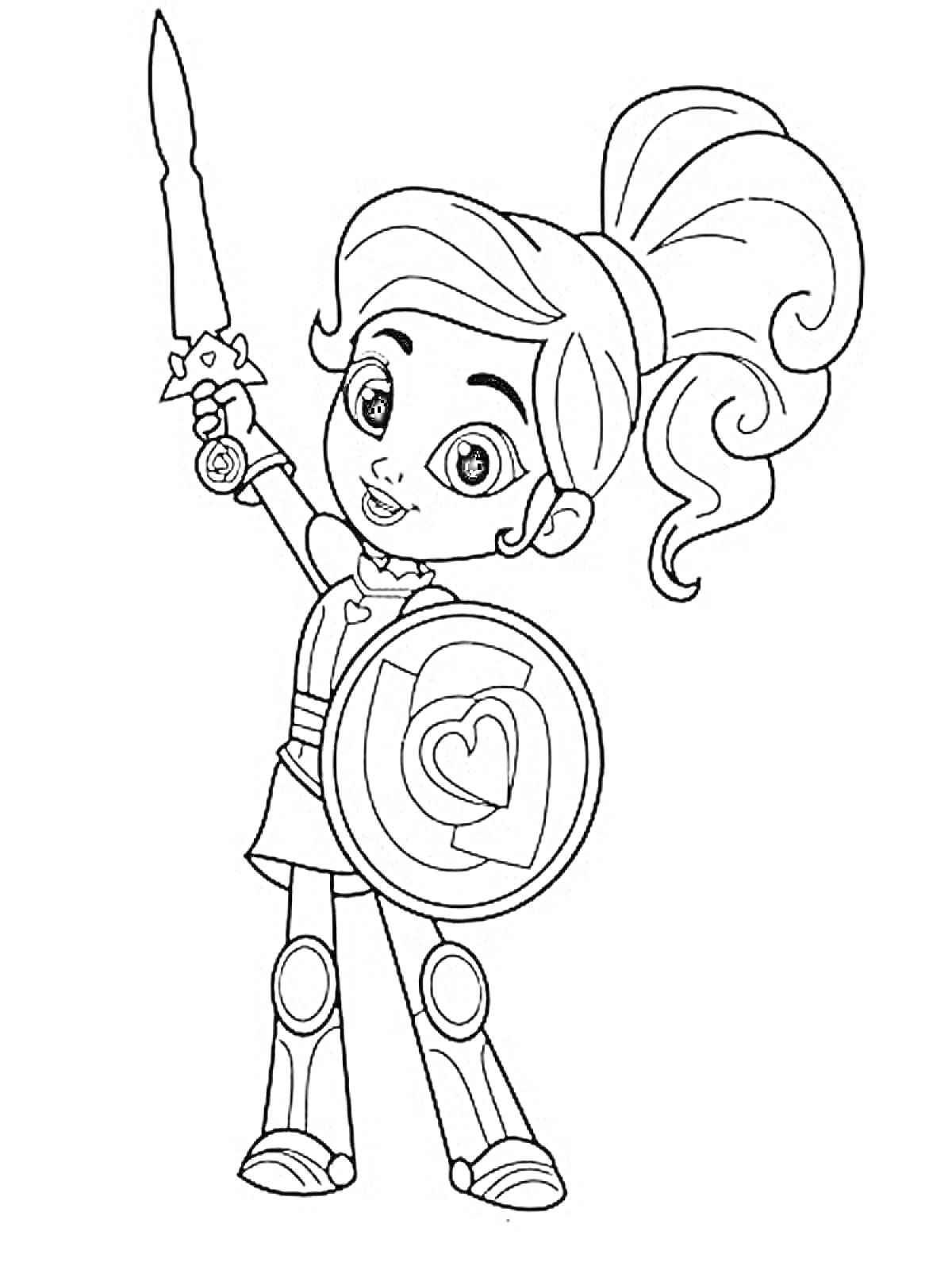 Раскраска Нелла принцесса рыцарь с мечом и щитом в виде сердца