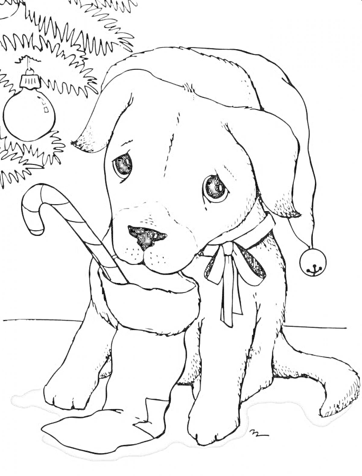 Раскраска новогодняя собака с колпаком, держащая рождественский носок и леденец на фоне елки с игрушками.