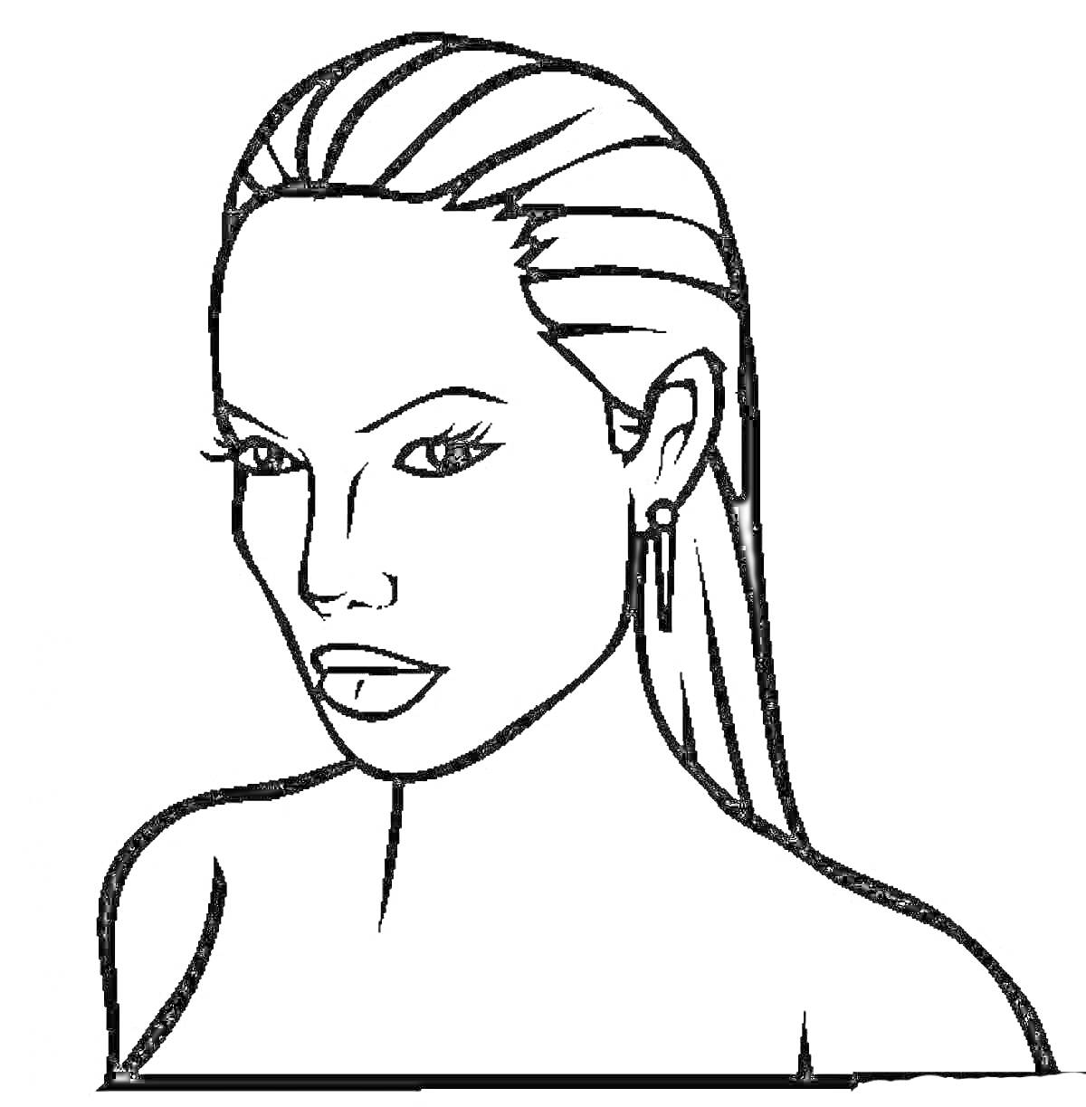 Раскраска лицо девушки с длинными волосами, серьгами, и левой рукой, касающейся шеи