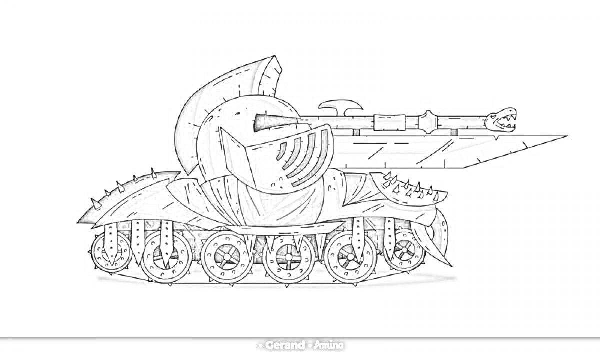 Раскраска Танковая конструкция с доспехами рыцаря, острым мечом и вращающимися гусеницами