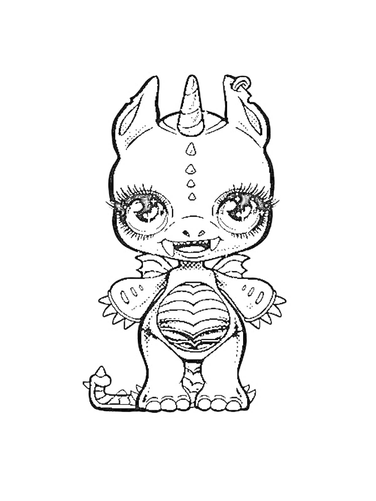 Раскраска Пупси Единорог в костюме дракона с рогом, крыльями, чешуйчатым животом и большими глазами