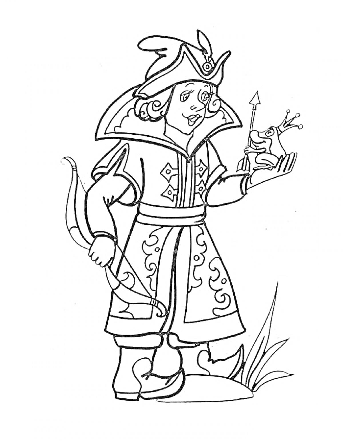 Раскраска Принц с луком и стрелой держит в руке лягушку; лягушка с короной и стрелой
