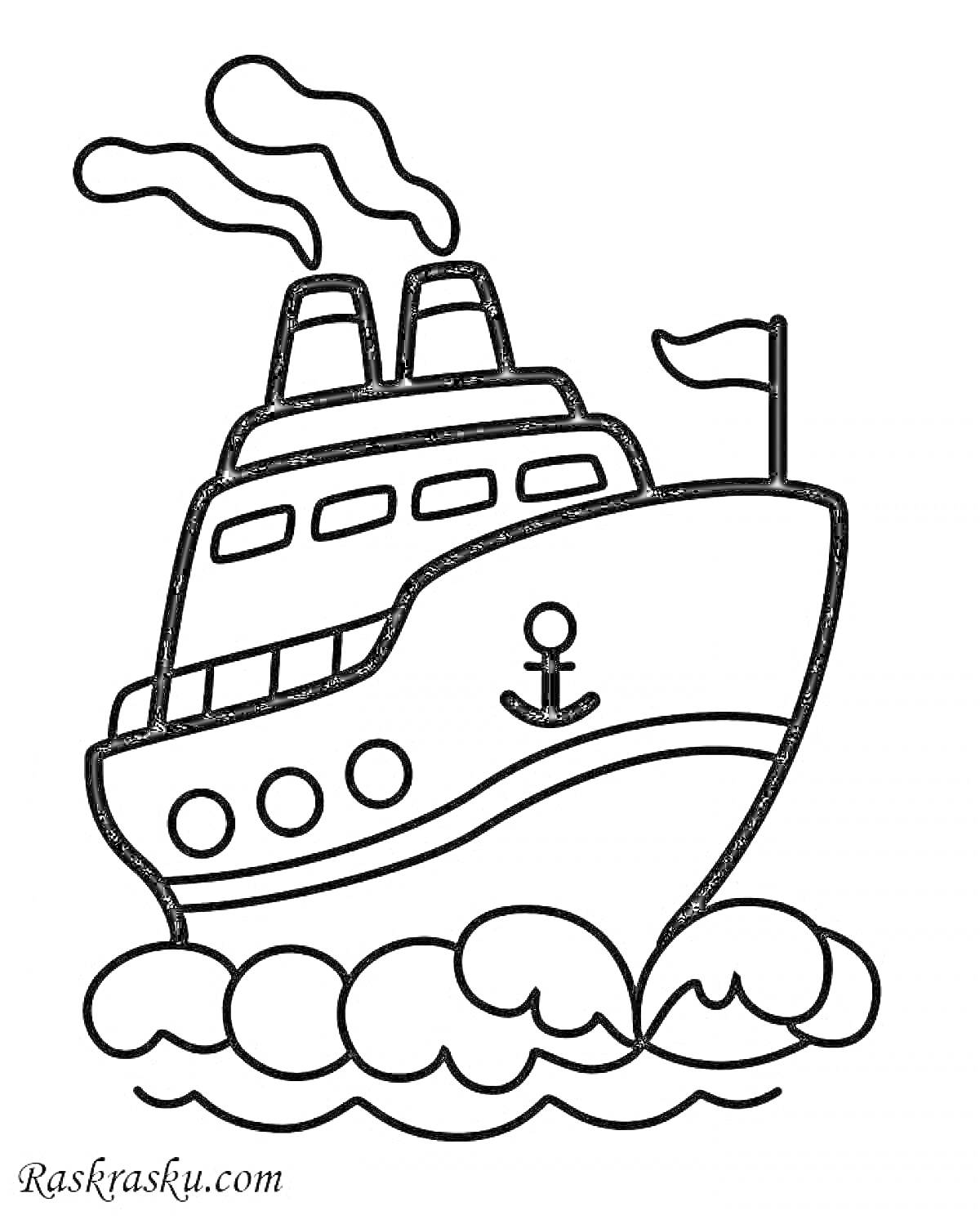 На раскраске изображено: Корабль, Волны, Флаг, Транспорт, Для детей, Труба, Якоря