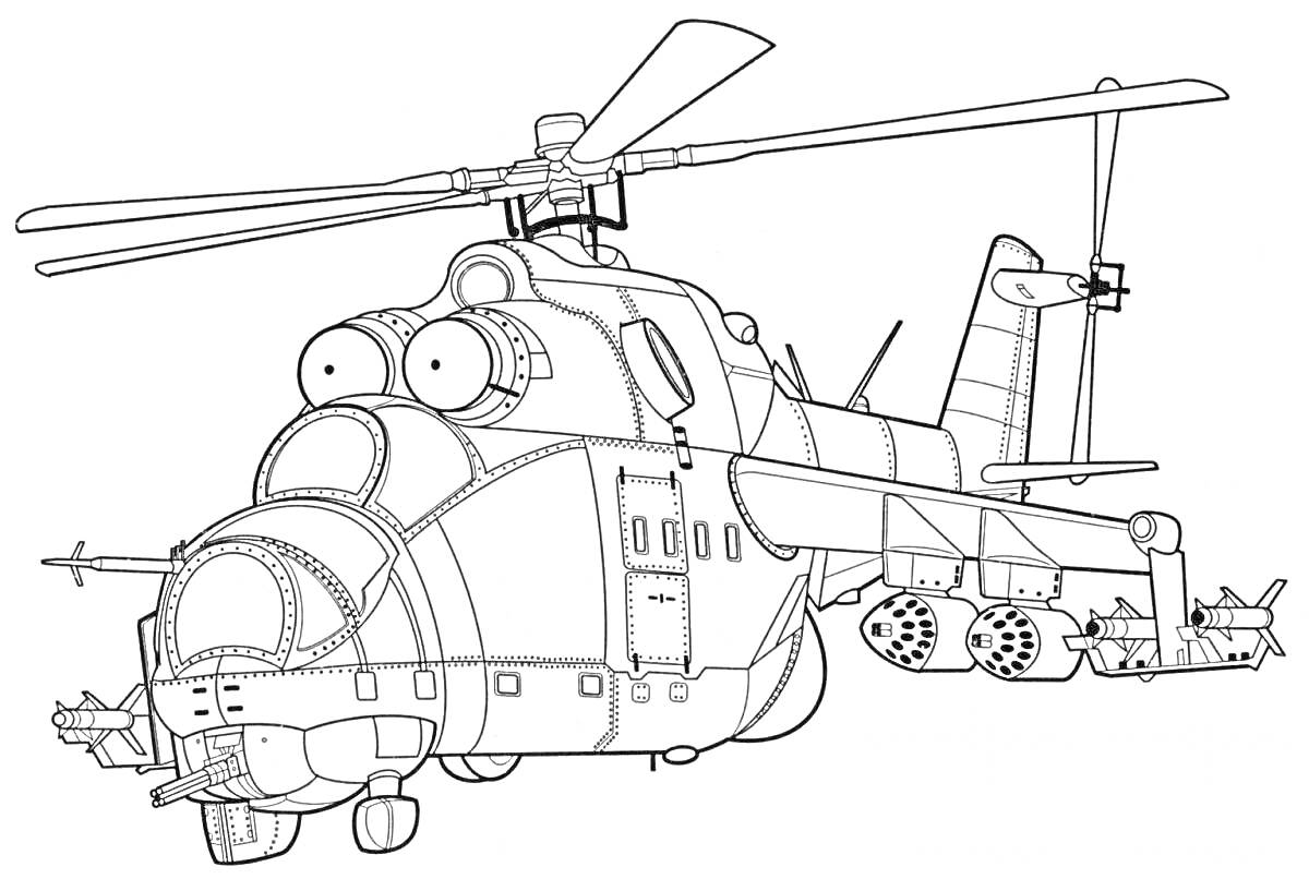 Раскраска вертолет с крупными колесами и двумя роторами