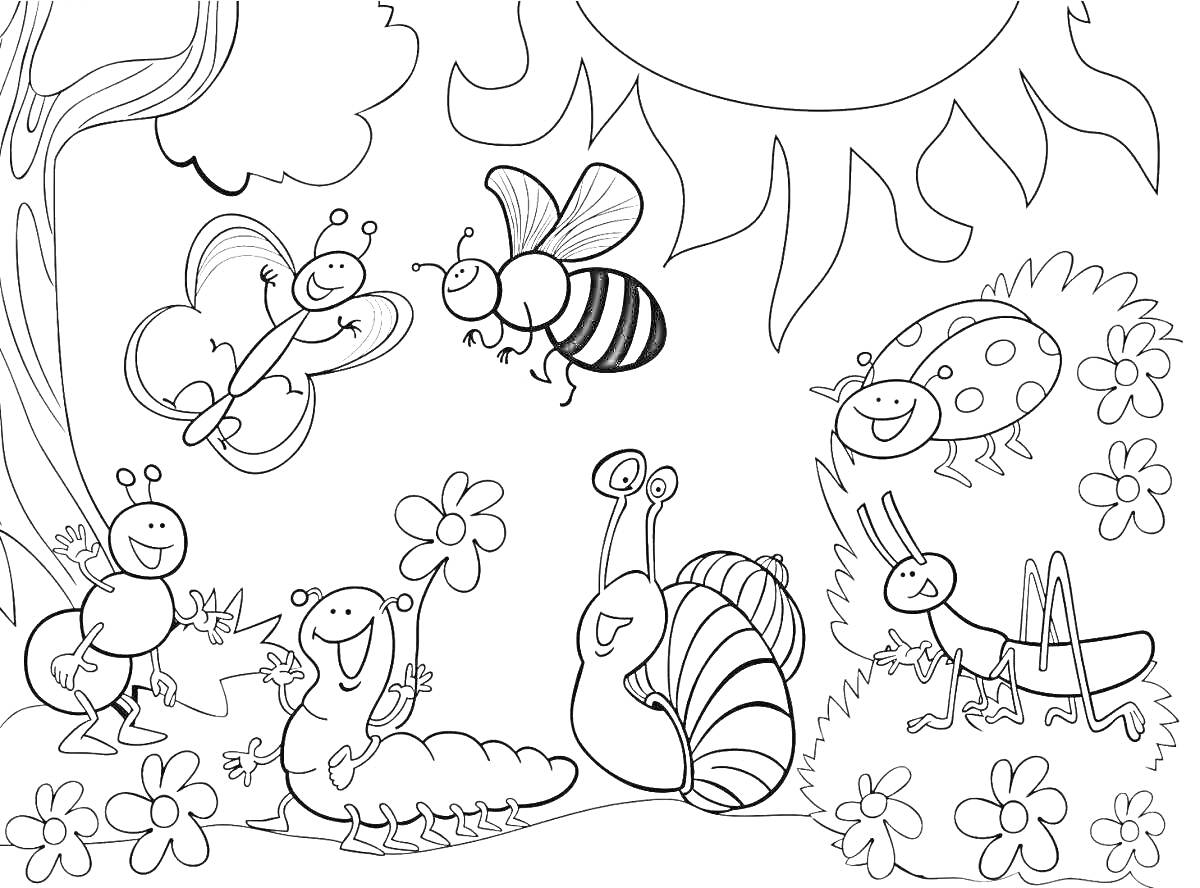 Раскраска Насекомые в саду под солнцем (бабочка, пчела, божья коровка, гусеница, улитка, кузнечик)