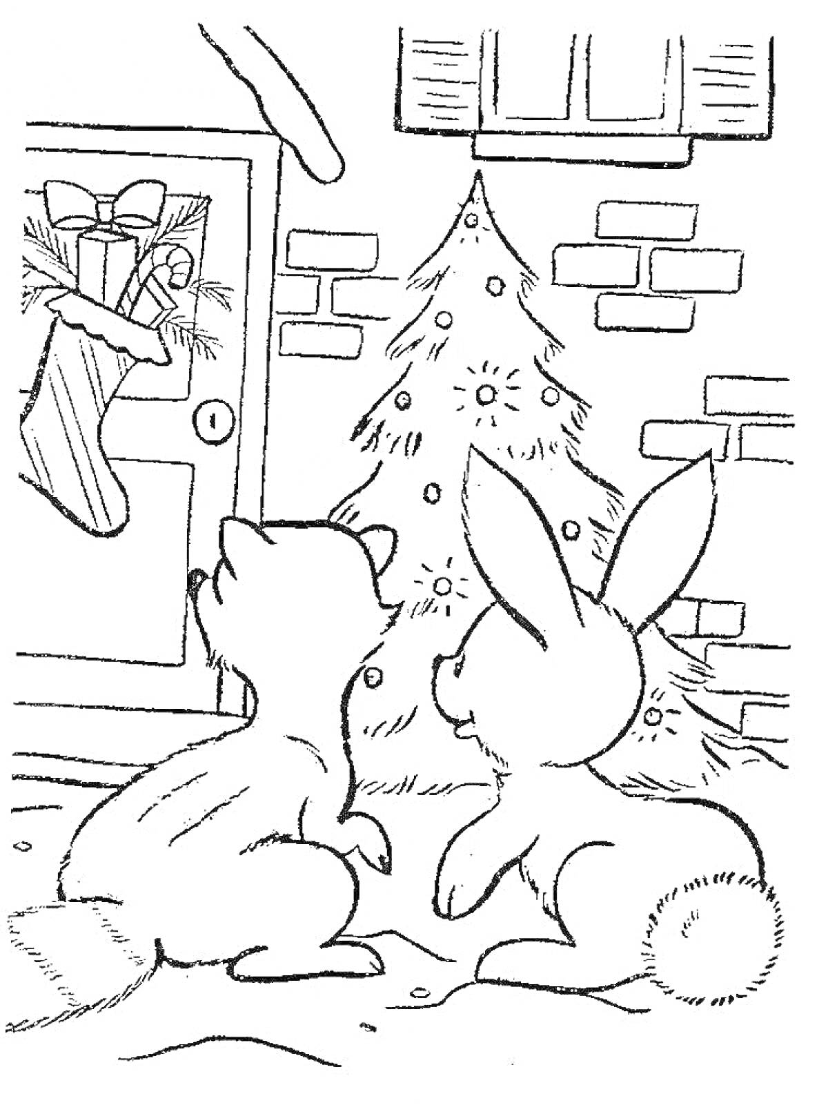 Раскраска Зайчик и бельчонок у новогодней ёлки с рождественским носком на двери