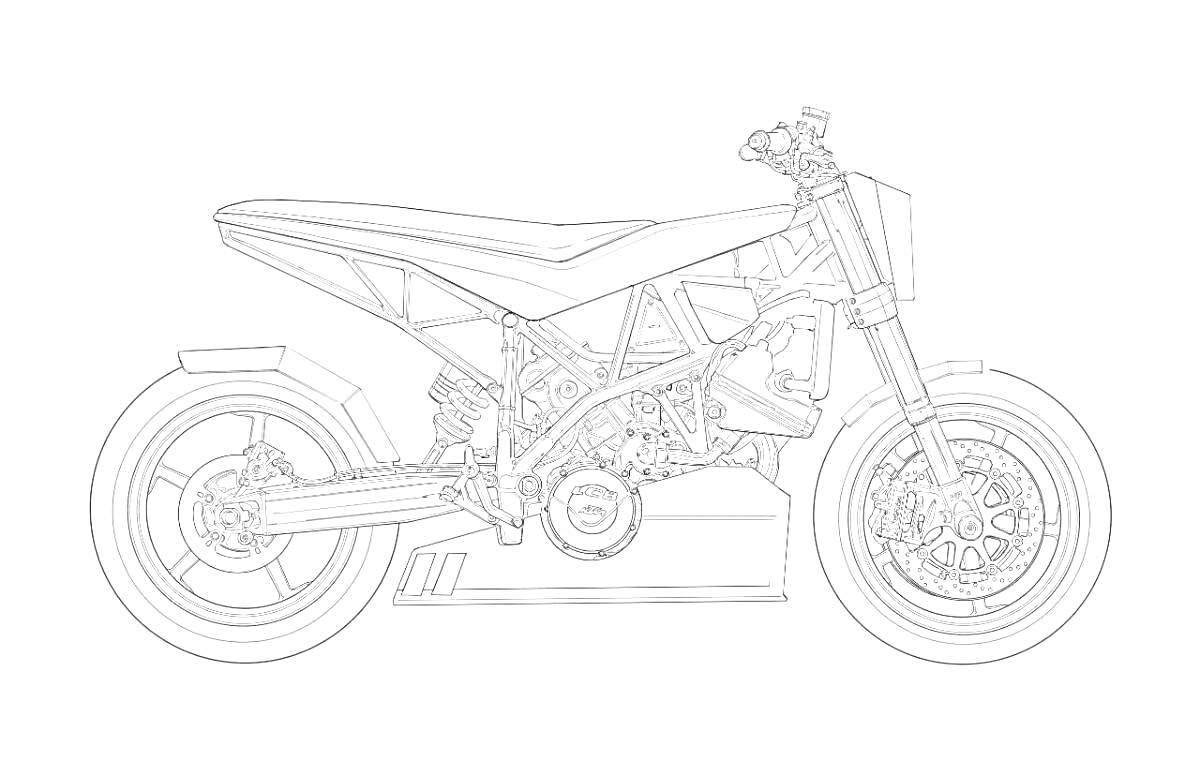 На раскраске изображено: Мотоцикл, Рама, Колёса, Руль, Мотор