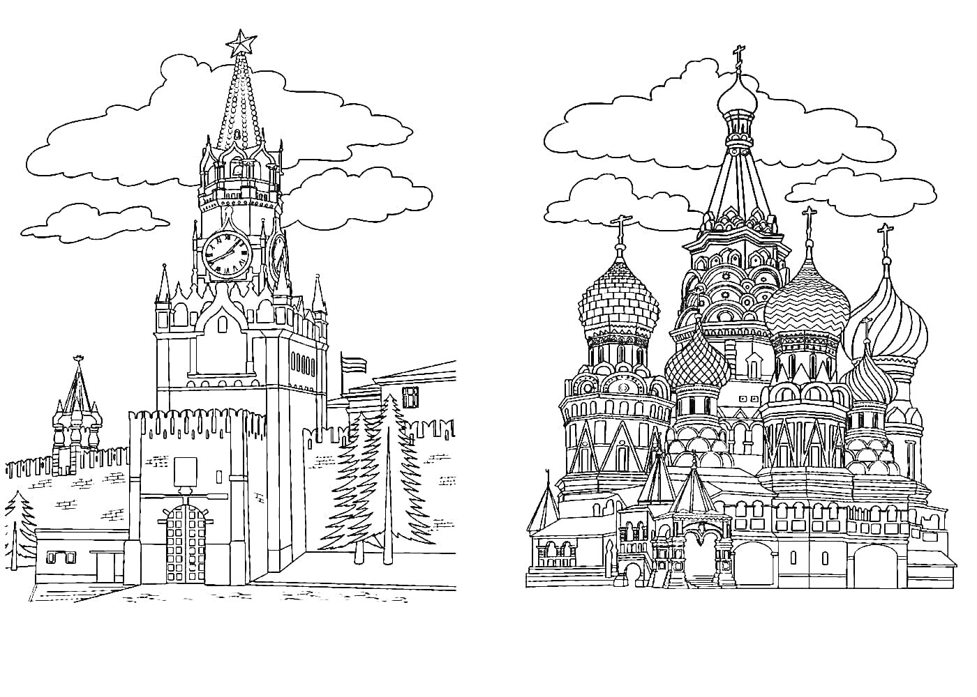 Раскраска Кремлёвские башни и Собор Василия Блаженного с элементами куполов и стен