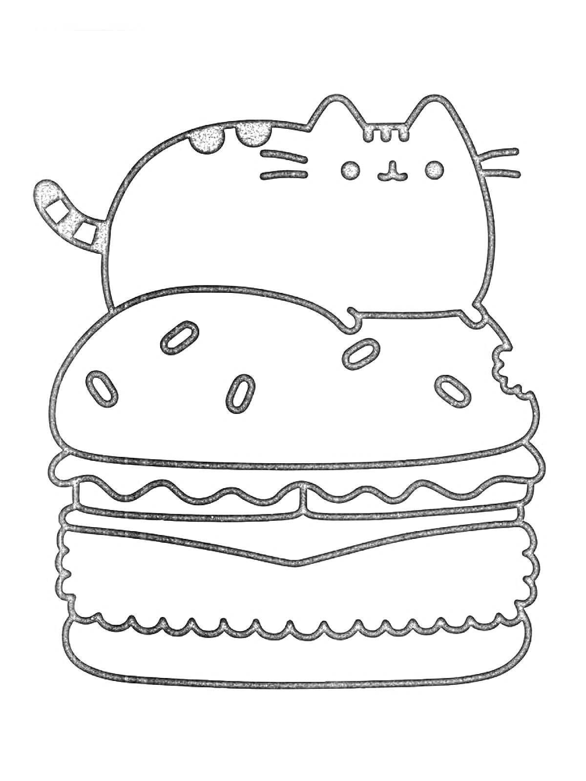 Раскраска Кот Пушин на вершине гамбургера