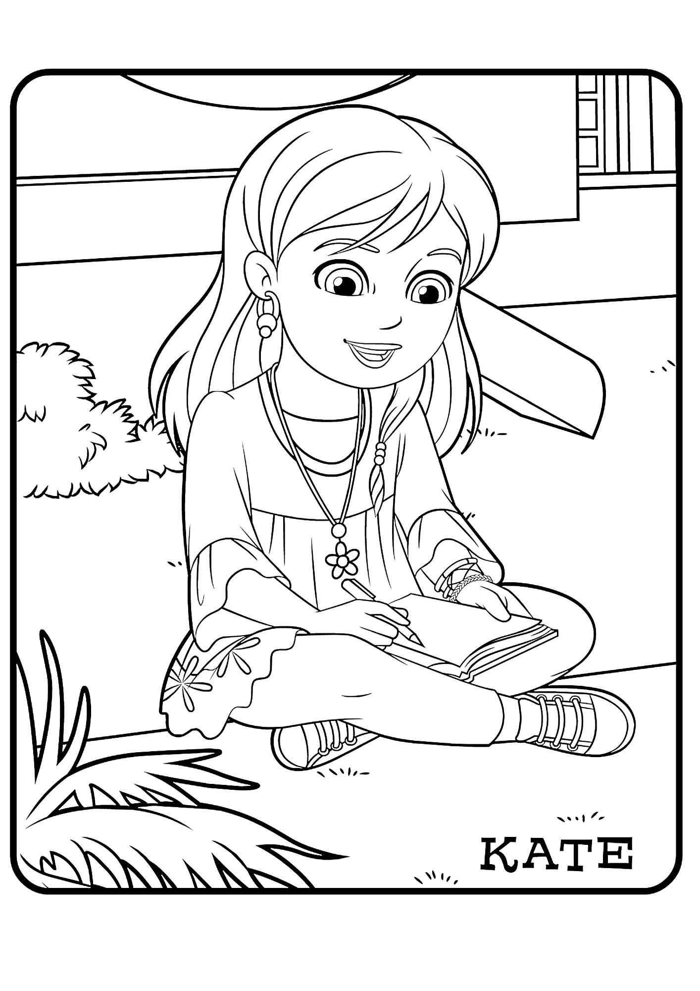 Раскраска Девочка с серёжками и браслетами, сидящая на траве, рисует в блокноте.
