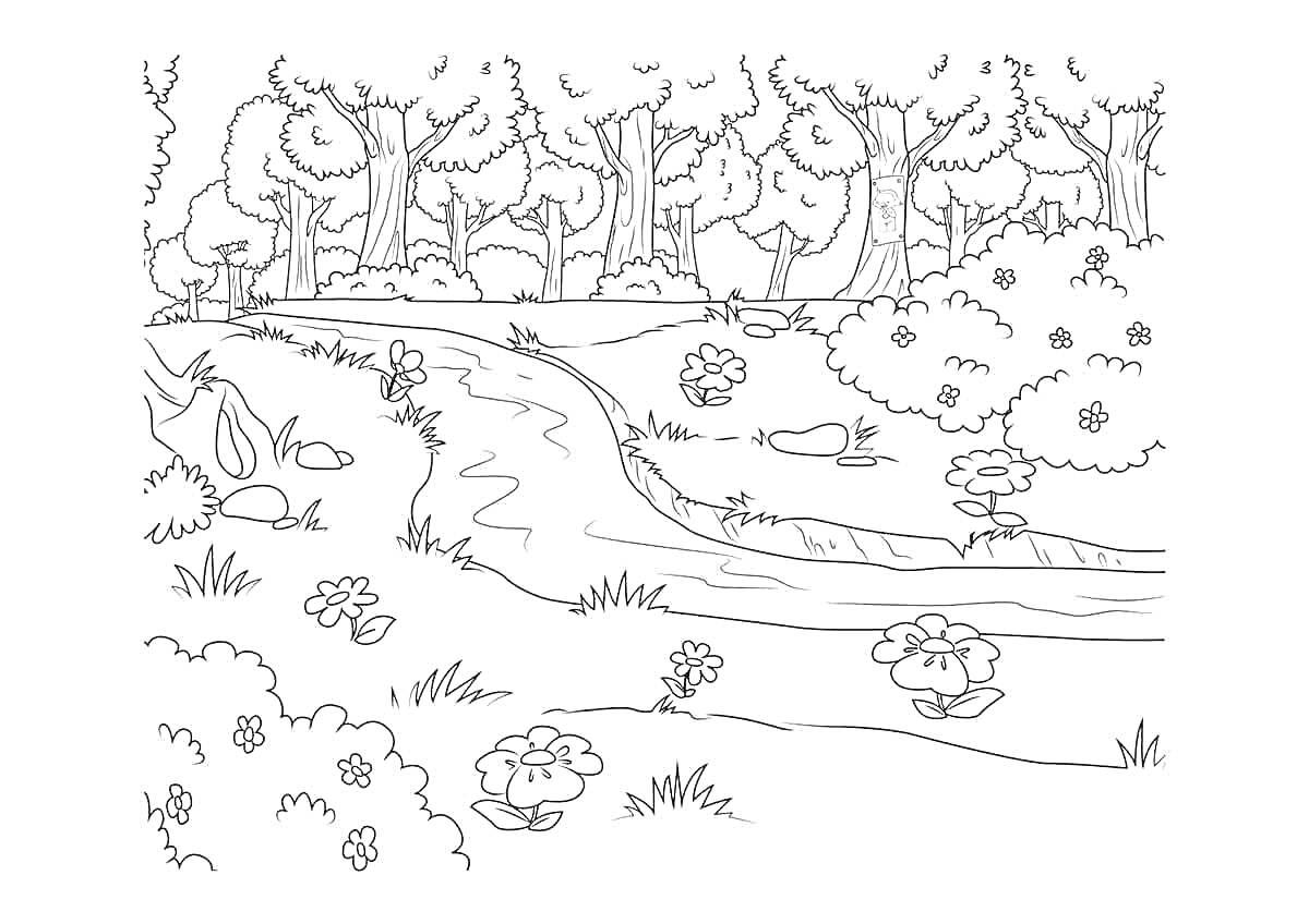 Раскраска Лесная поляна с рекой, деревьями, цветами и кустарниками