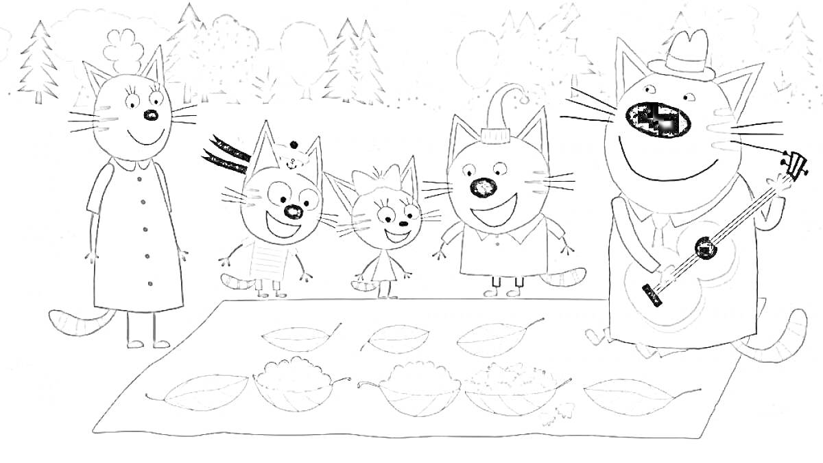 На раскраске изображено: Три кота, Пикник, Гитара, Природа, Лес, Из мультфильмов, Отдых, Для детей, Кот