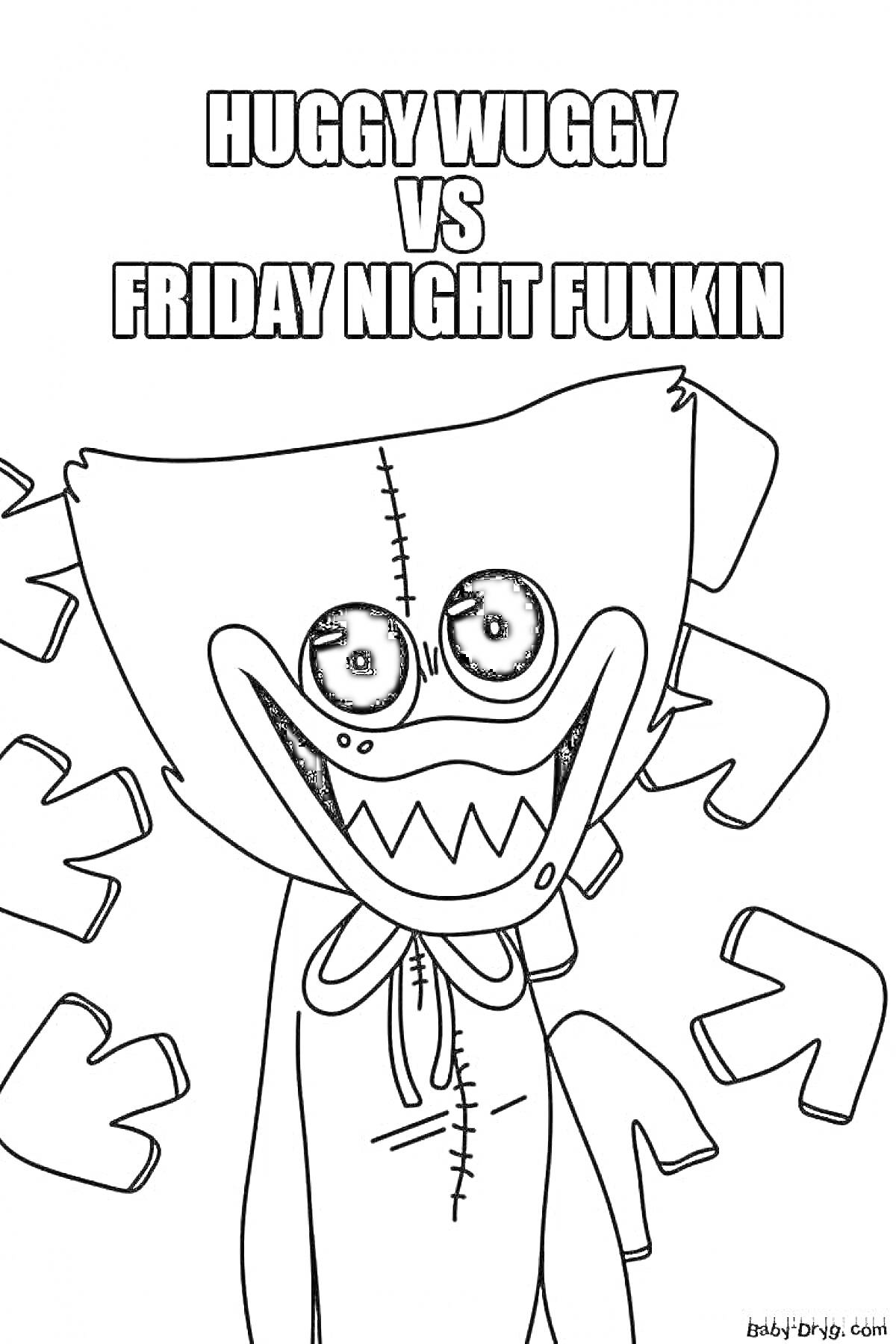 Раскраска Huggy Wuggy против Friday Night Funkin, персонаж Huggy Wuggy с большими глазами и зубастой улыбкой, фон с нотами