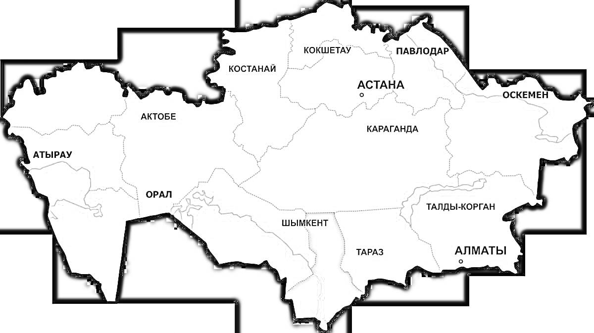 На раскраске изображено: Казахстан, Карта, Города, География, Регионы, Для детей, Страны мира