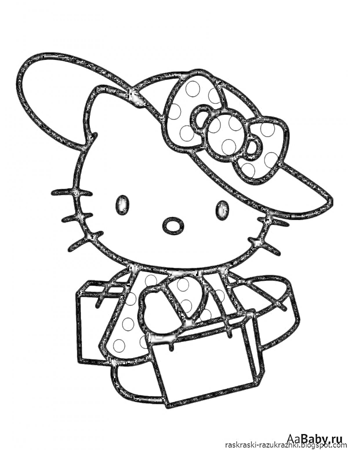 Раскраска Хеллоу Китти в шляпе с бантиком и сумками
