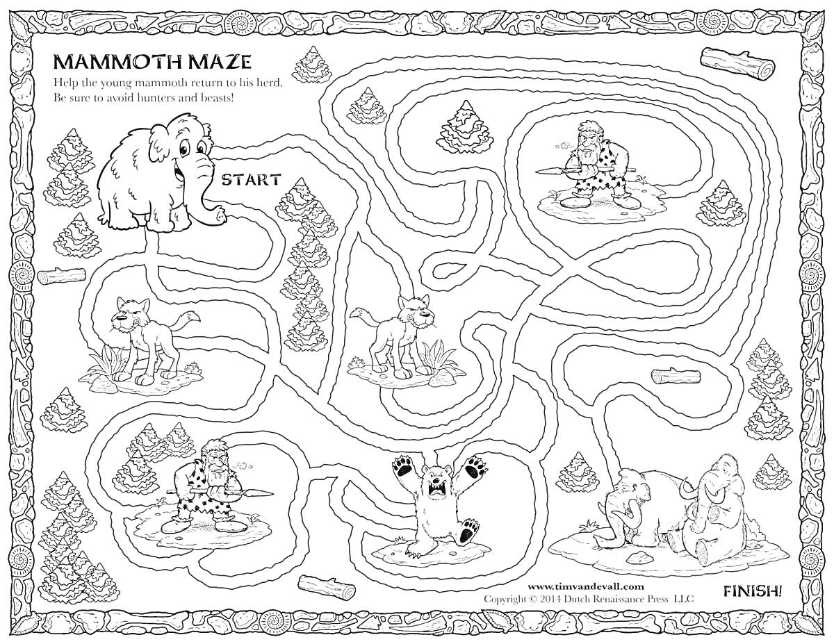 Раскраска Мамонтовый лабиринт с фигурами людей на льду, деревьями и животными (мамонт, саблезубый тигр, ленивец и другие)