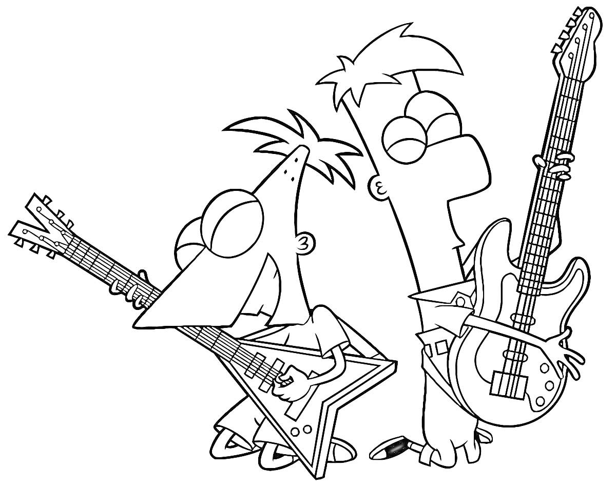 Раскраска Финес и Ферб с гитарами