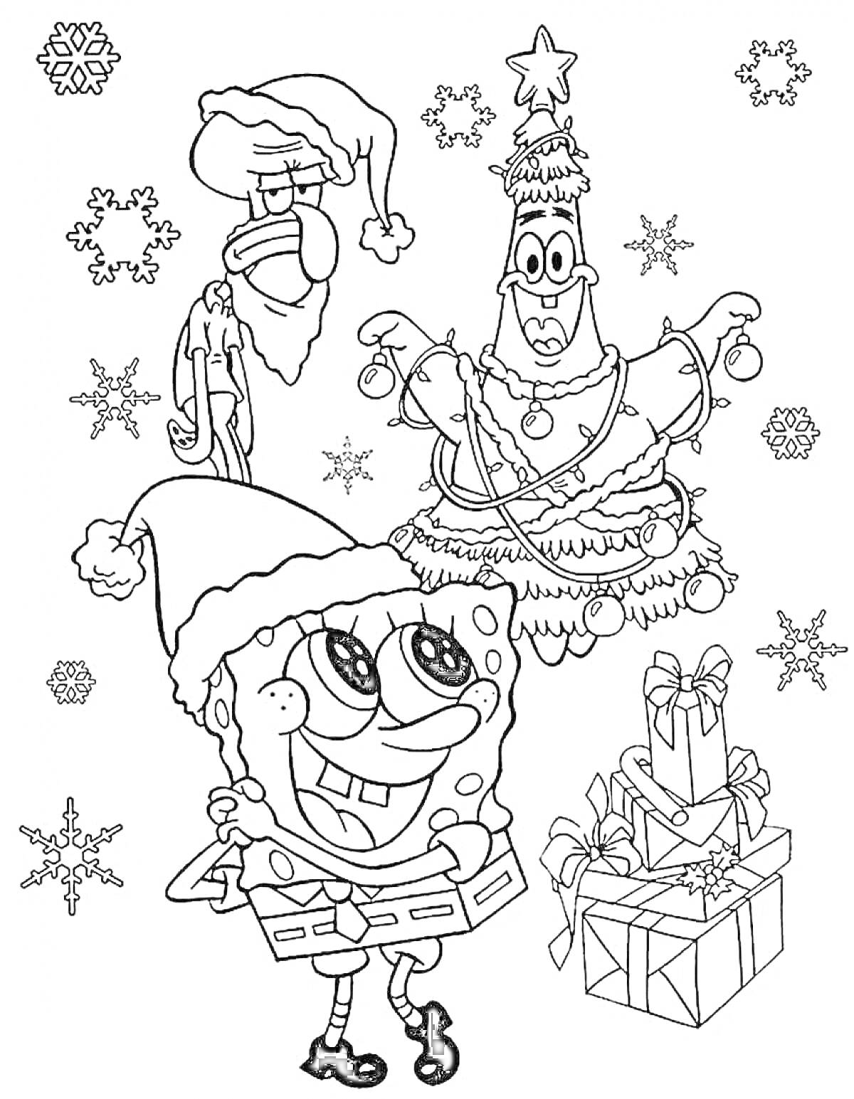 На раскраске изображено: Губка Боб, Патрик, Сквидвард, Новогодняя елка, Снежинки, Подарки, Новый год, Украшения, Новогодние персонажи