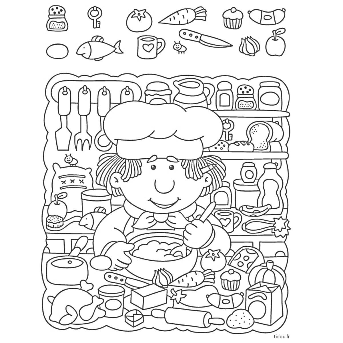 На раскраске изображено: Повар, Кухня, Рыба, Ключ, Чаепитие, Нож, Пирожное, Яблоко, Печенье, Кондитерские изделия, Продукты, Кухонная утварь