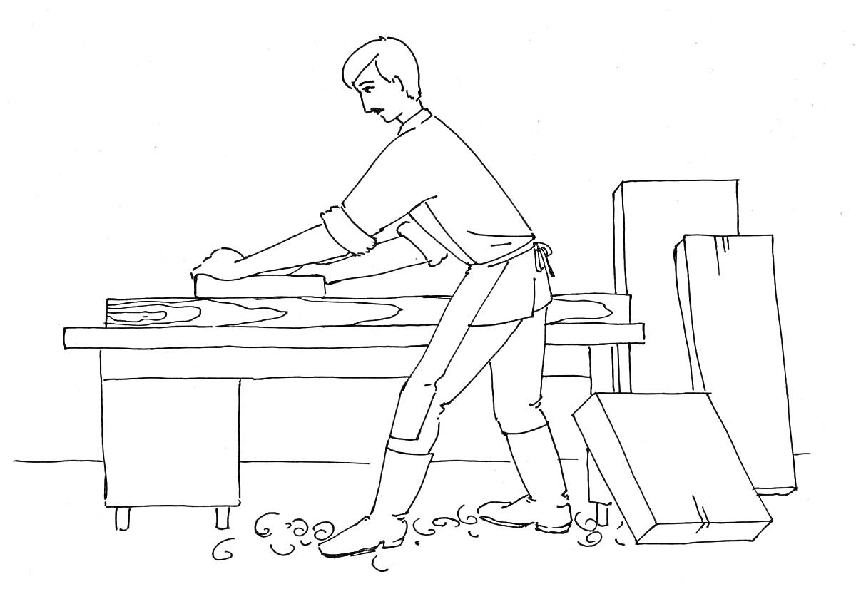 Раскраска Плотник за работой: мужчина строгает доску на верстаке, вокруг лежат деревянные бруски и стружка