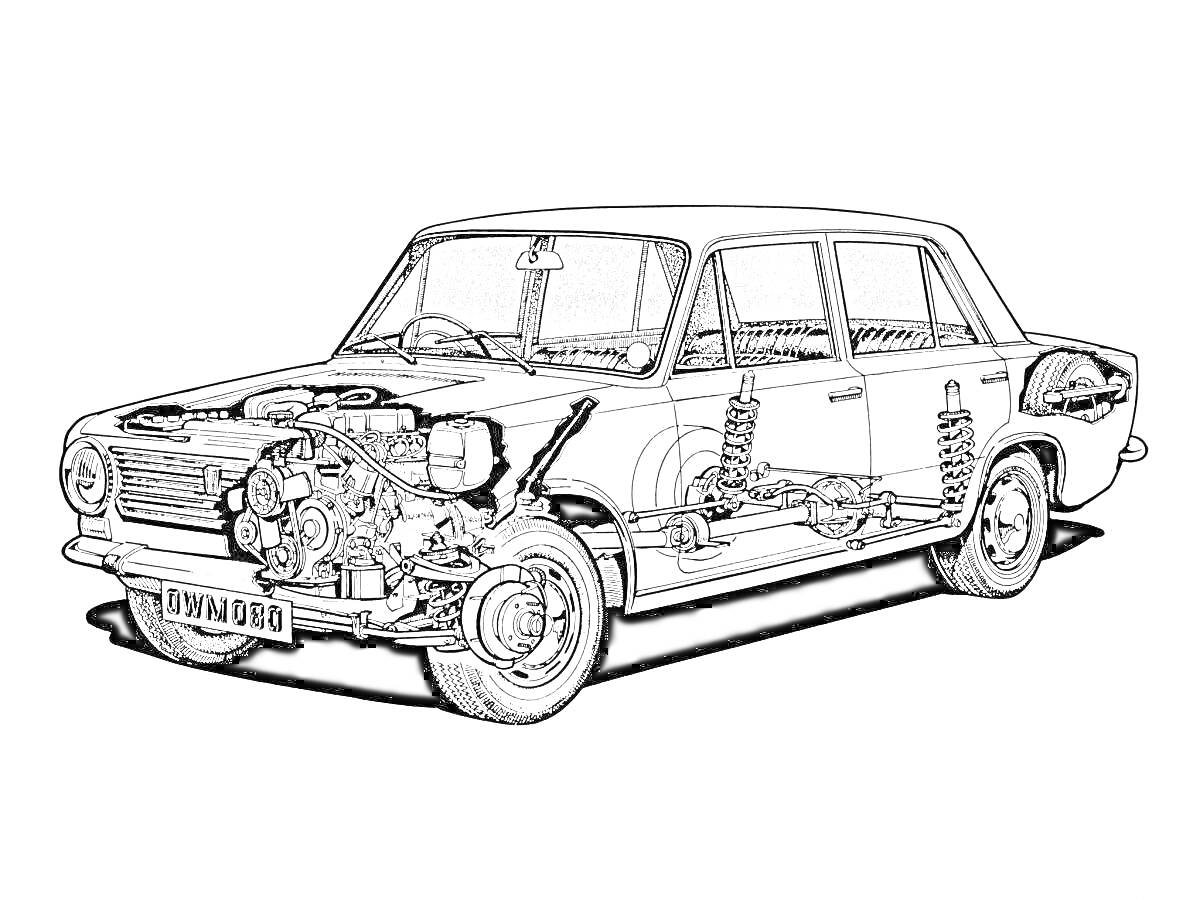 Раскраска ВАЗ 2101 с изображением конструкции автомобиля, включая разрез двигателя, подвески и других внутренних компонентов