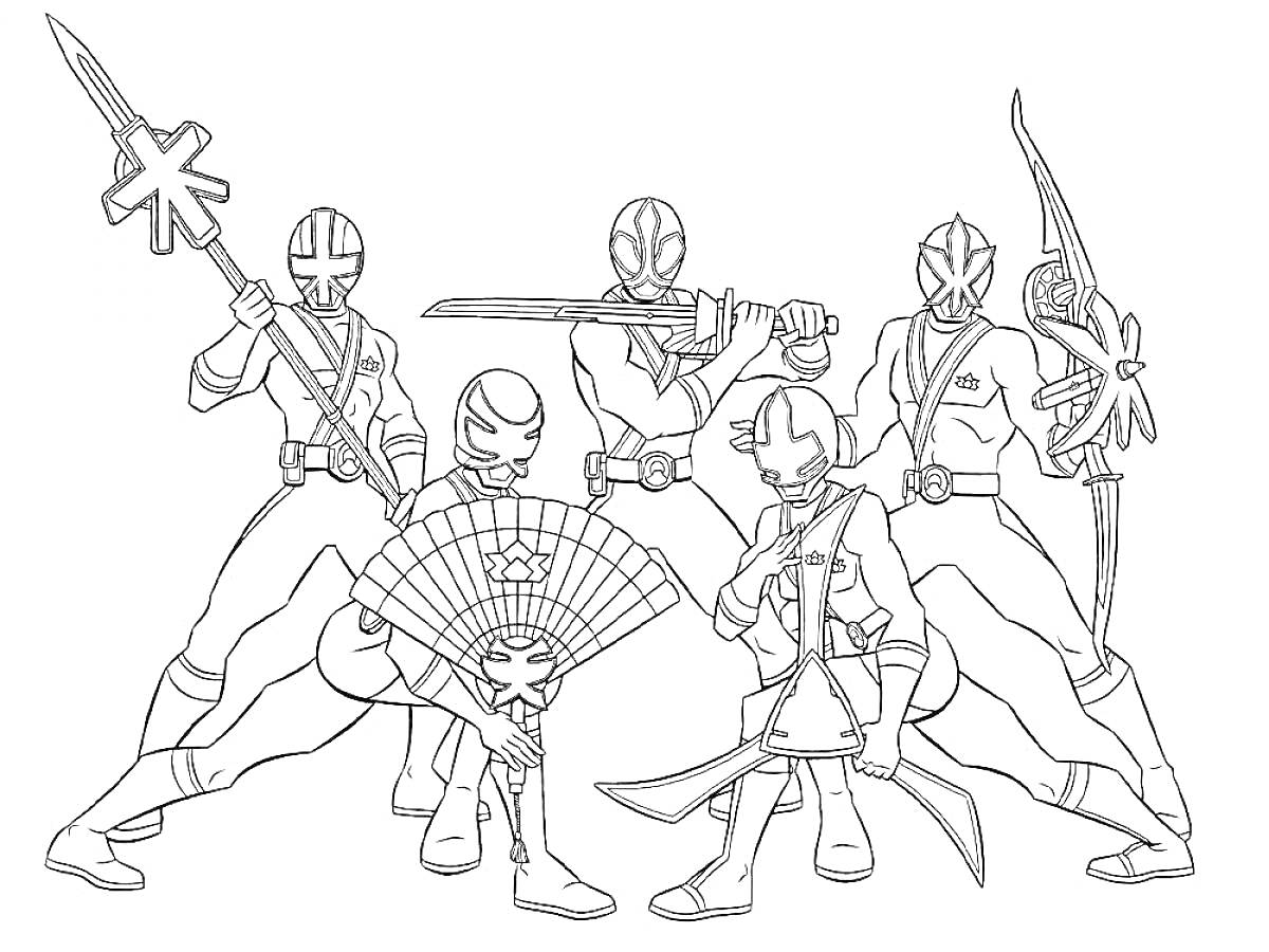 Раскраска пять супергероев-ниндзя с оружием, включая палку, меч, лук, большое веерообразное кинжал
