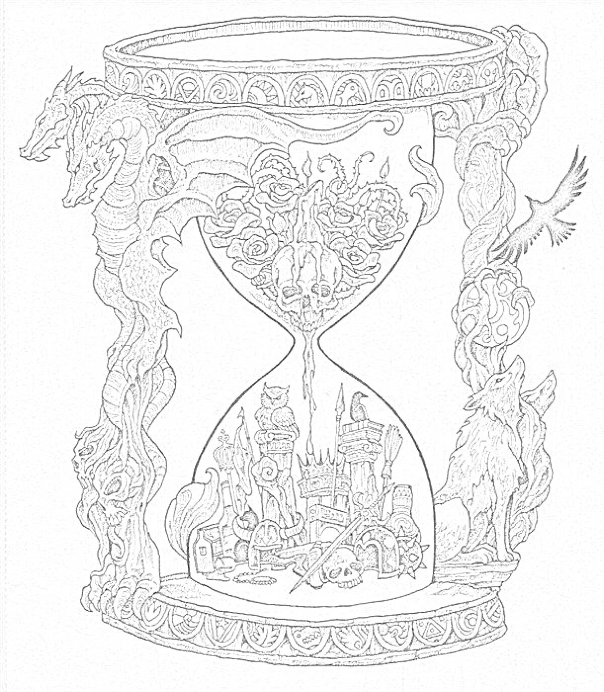 Раскраска Песочные часы с драконами, черепами, замком, совой, вороном, волком и книгами