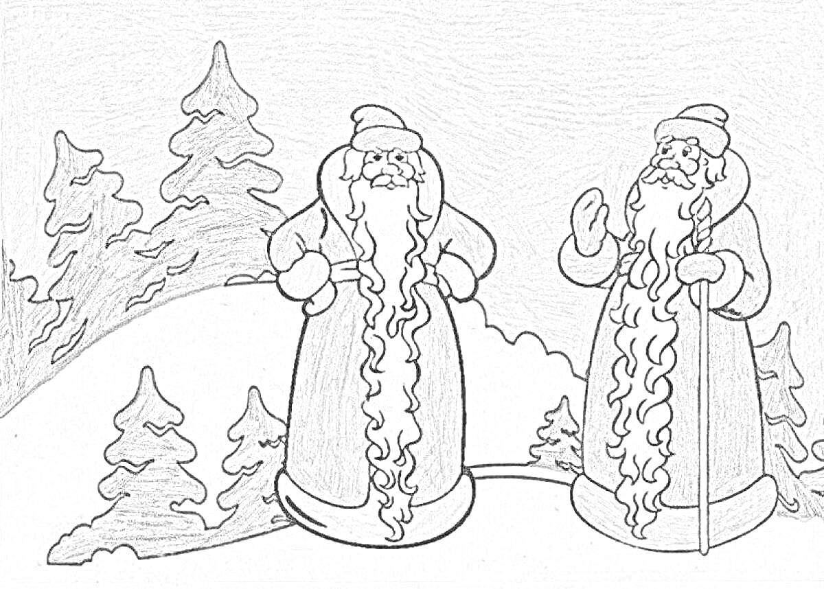 На раскраске изображено: Два мороза, Зимняя сказка, Елки, Зима, Снег, Поляна, Пейзаж, Мороз
