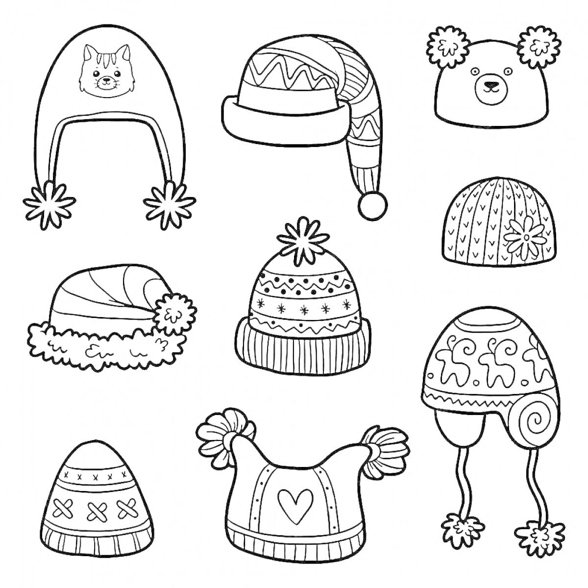 На раскраске изображено: Зимняя шапка, Узоры, Помпоны, Ушанка, Вязаная шапка, Медведь