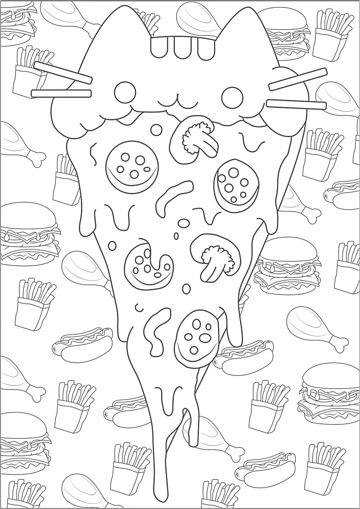 На раскраске изображено: Кот, Пицца, Бургеры, Хот-доги, Куриные ножки, Еда, Мило