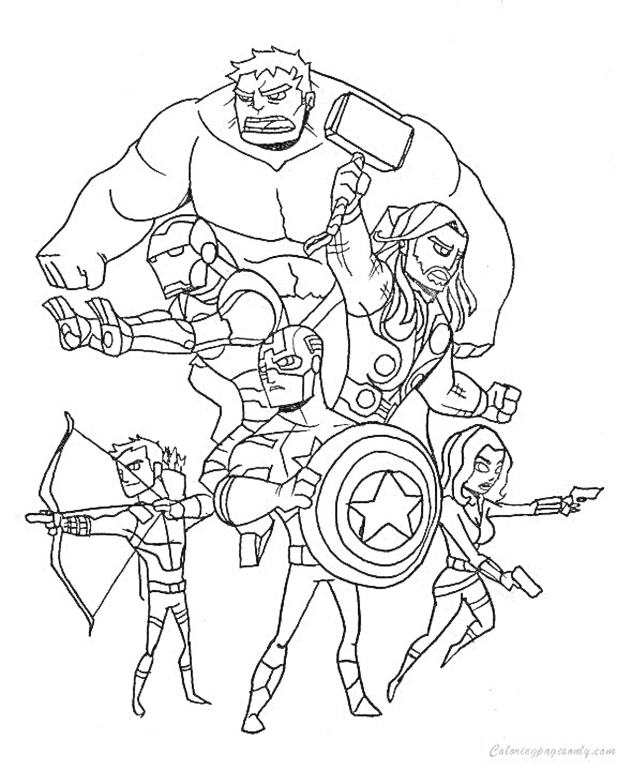 На раскраске изображено: Супергерои, Мстители, Молот, Щит, Лучник, Пистолет, Для детей