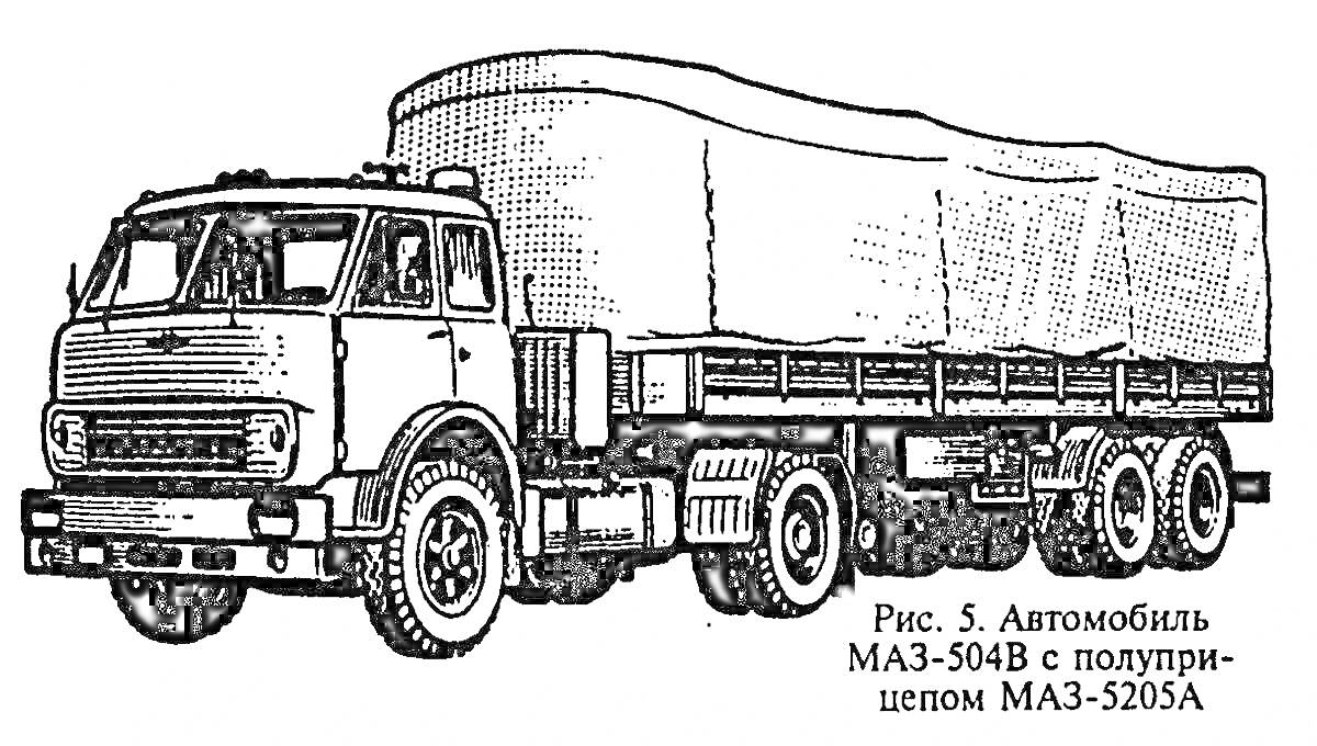 Раскраска Автомобиль МАЗ-504В с полуприцепом МАЗ-5205А
